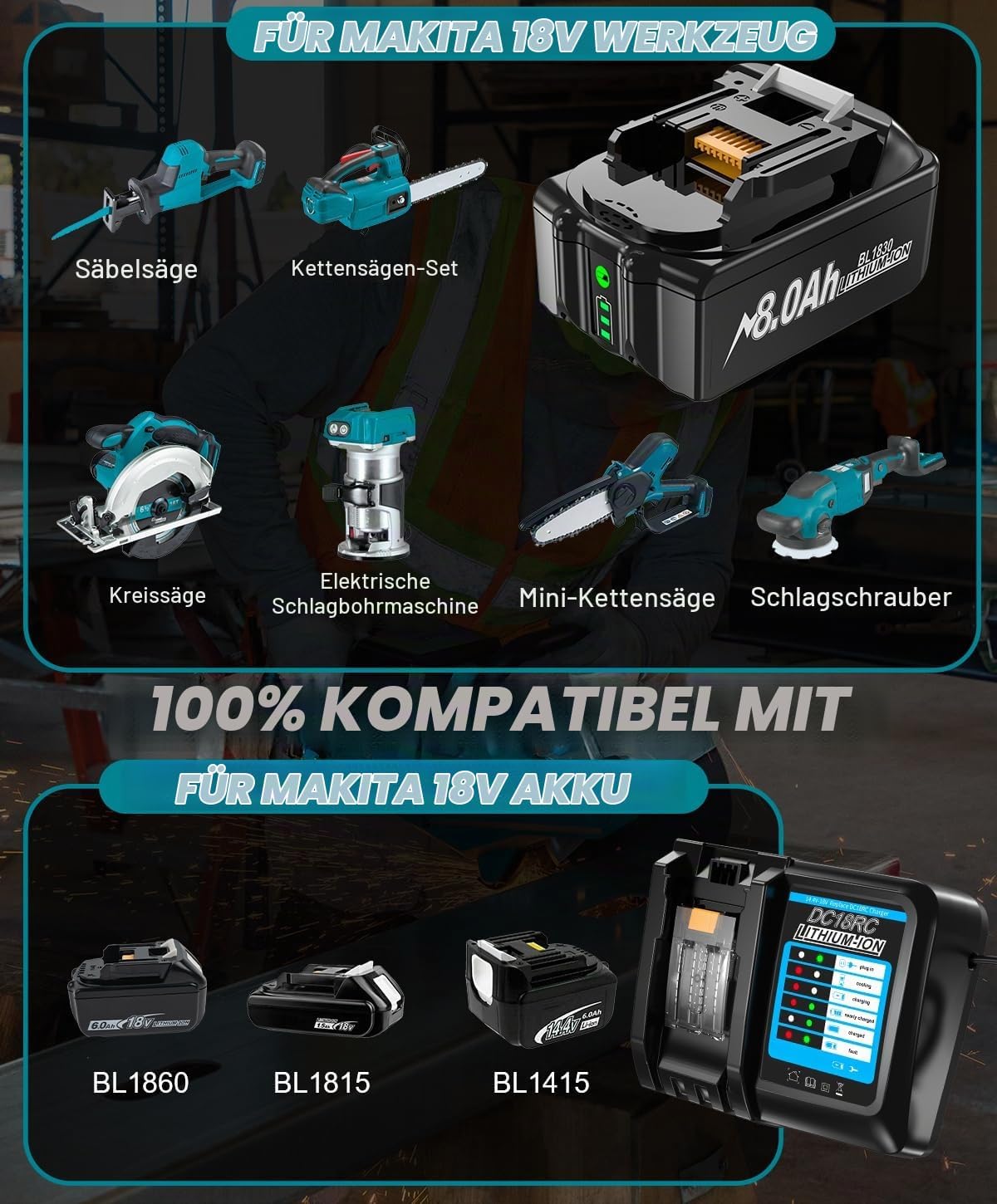 2 X 18V 8.0Ah/8000mAh Li-ion Battery BL1830 Ersatzakku für Makita Akku 18V 3 2 X 18V 8.0Ah/8000mAh Li-ion Battery BL1830 Ersatzakku für Makita Akku 18V – Bild 3
