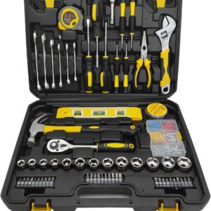 Werkzeugkoffer Gefüllt, 108-teilig Werkzeugset mit Werkzeug aus Chrom-Vanadium-Stahl - inkl. Schraubendreher, Zangen, Hammer, Wasserwaage, Stecknüsse & Bits