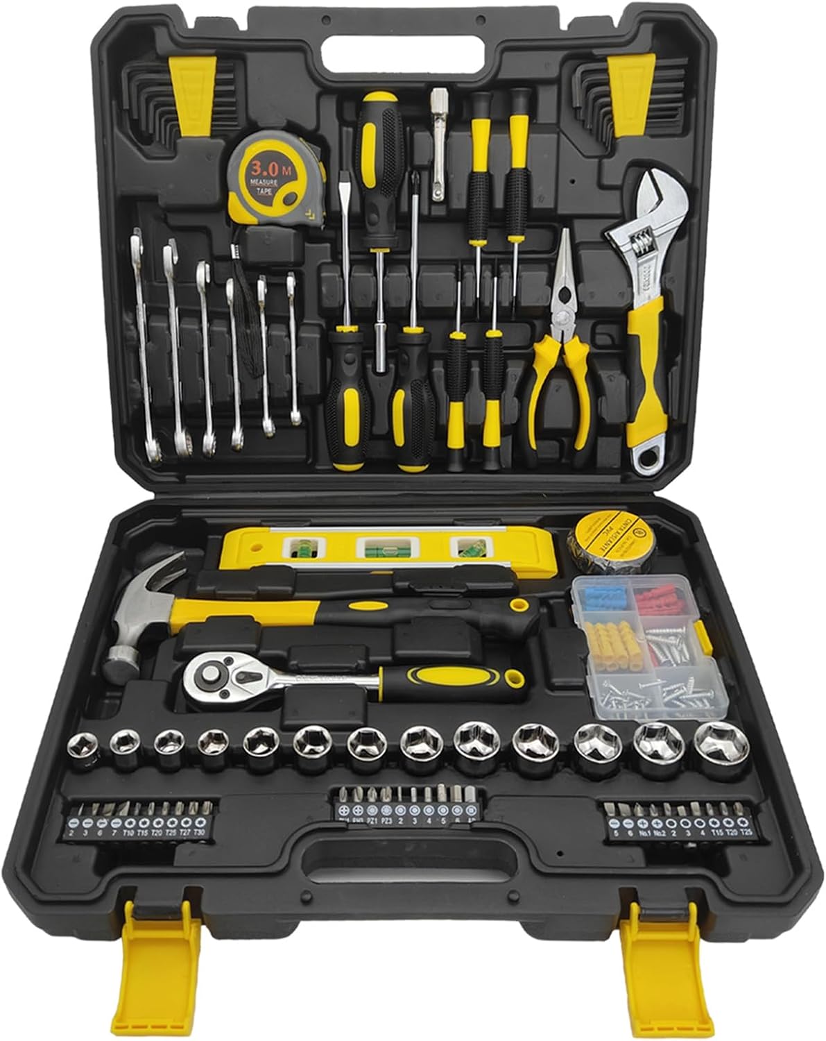 Werkzeugkoffer Gefüllt, 108-teilig Werkzeugset mit Werkzeug aus Chrom-Vanadium-Stahl - inkl. Schraubendreher, Zangen, Hammer, Wasserwaage, Stecknüsse & Bits 1 Werkzeugkoffer Gefüllt, 108-teilig Werkzeugset mit Werkzeug aus Chrom-Vanadium-Stahl - inkl. Schraubendreher, Zangen, Hammer, Wasserwaage, Stecknüsse & Bits
