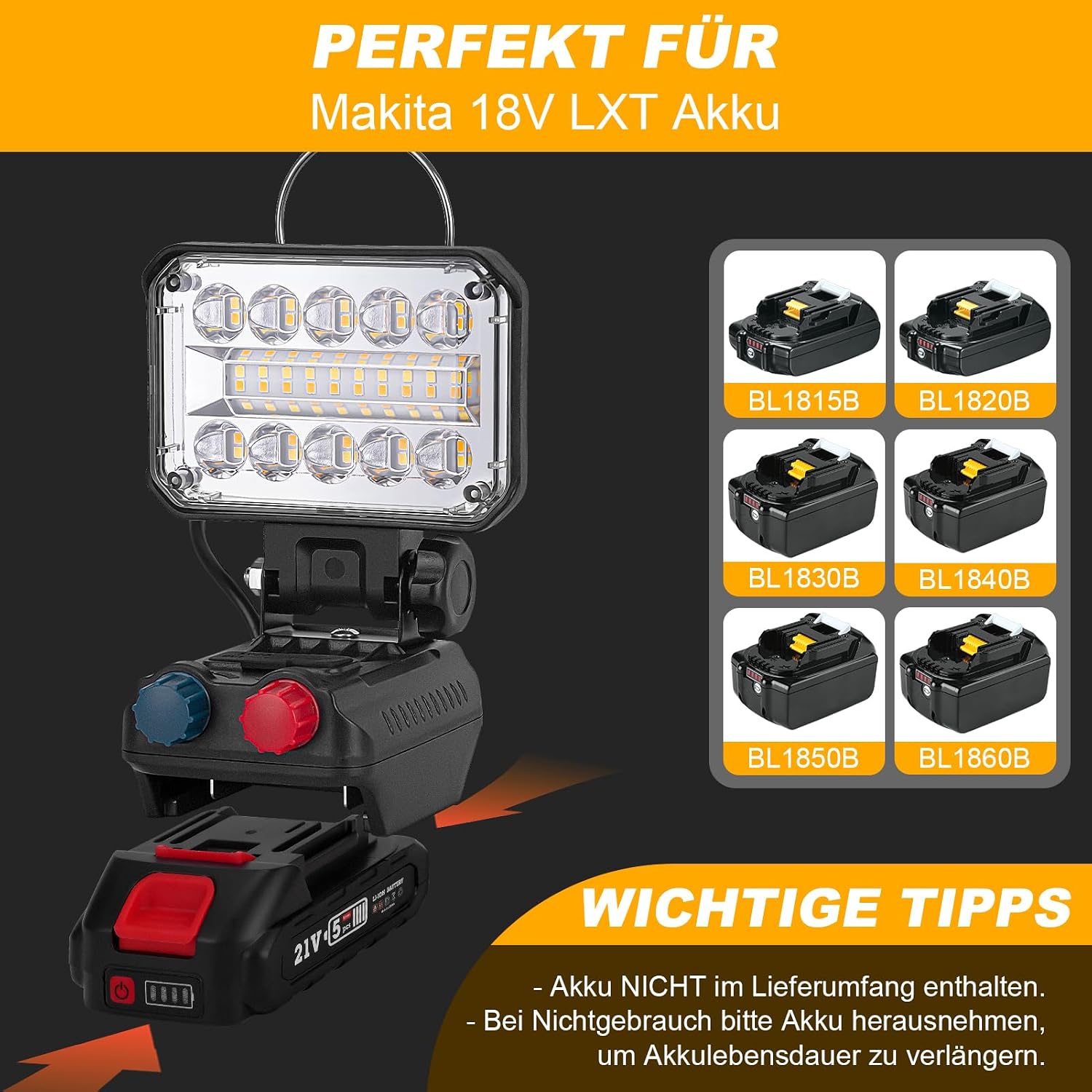 KERNOWO Akku Lampe Für Makita 18/21V, 48W Kabellose Led Arbeitsleuchte Akku mit 40 ultrahellen LED-Perlen, Led Strahler Tragbares Baustellen Lampe mit Typ C und USB-Aufladung(4IN-Keine Akku) 3 KERNOWO Akku Lampe Für Makita 18/21V, 48W Kabellose Led Arbeitsleuchte Akku mit 40 ultrahellen LED-Perlen, Led Strahler Tragbares Baustellen Lampe mit Typ C und USB-Aufladung(4IN-Keine Akku) – Bild 3