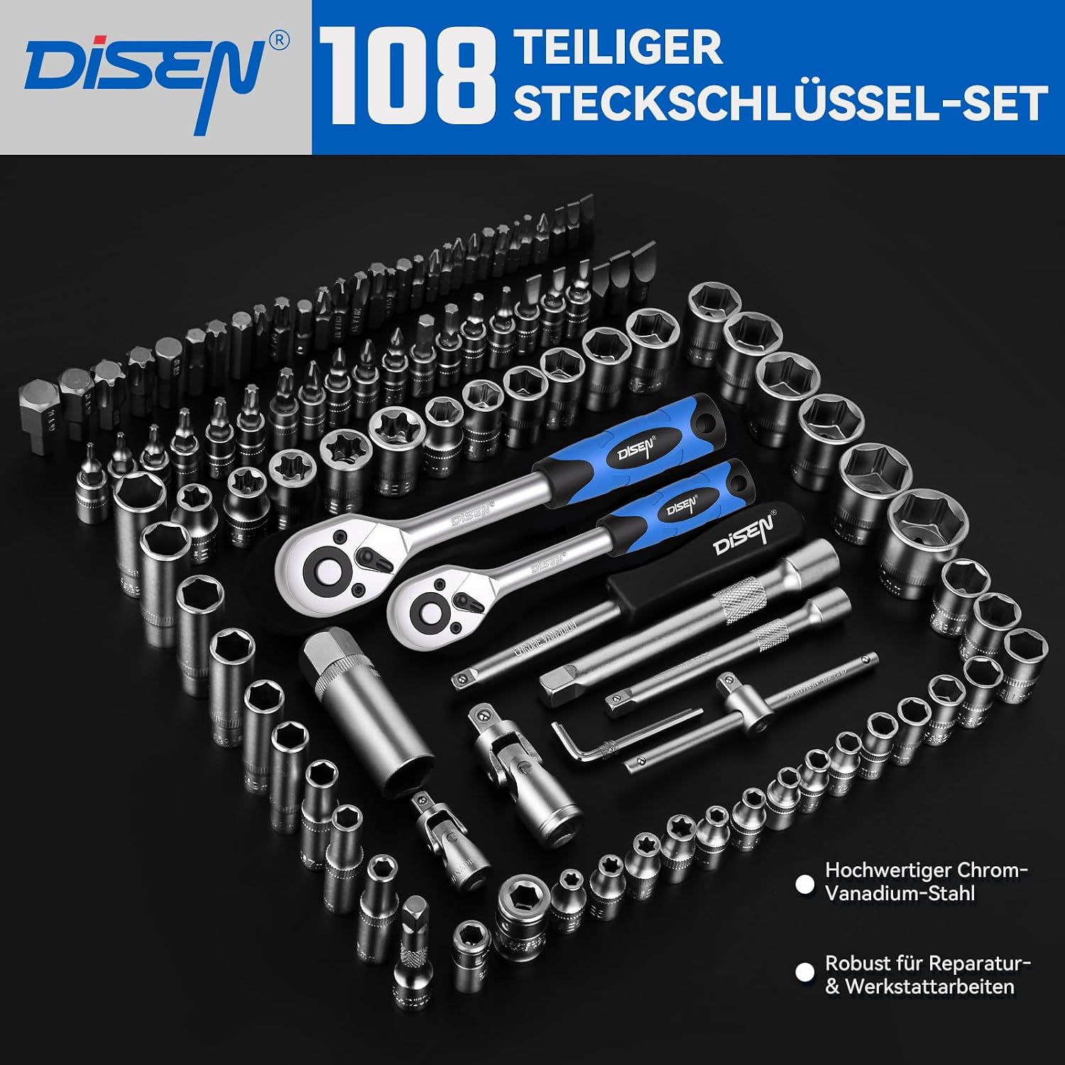 DISEN Steckschlüsselsatz 108-teilig, Ratschenschlüssel Knarrenkasten Set mit Umschaltknarre 1/4" und 3/8", inkl. Gängigen Torx - Bitsatz, Verlängerungen, Steckschlüssel Set und Nüsse für Heim 4 DISEN Steckschlüsselsatz 108-teilig, Ratschenschlüssel Knarrenkasten Set mit Umschaltknarre 1/4" und 3/8", inkl. Gängigen Torx - Bitsatz, Verlängerungen, Steckschlüssel Set und Nüsse für Heim – Bild 4