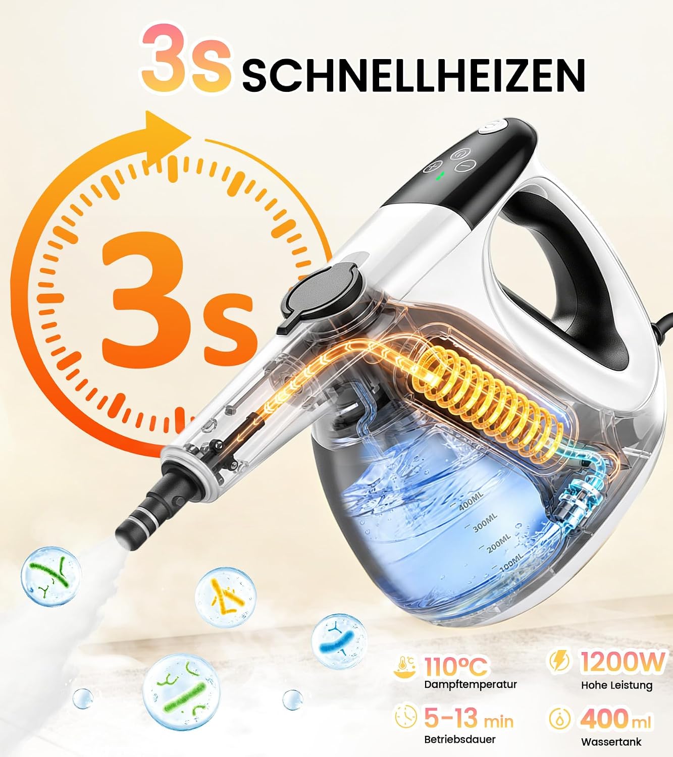 JBER Dampfreiniger Handgerät 1200W für Heim, 3 Sek.Aufheizzeit, 400ML Tank 2 JBER Dampfreiniger Handgerät 1200W für Heim, 3 Sek.Aufheizzeit, 400ML Tank – Bild 2