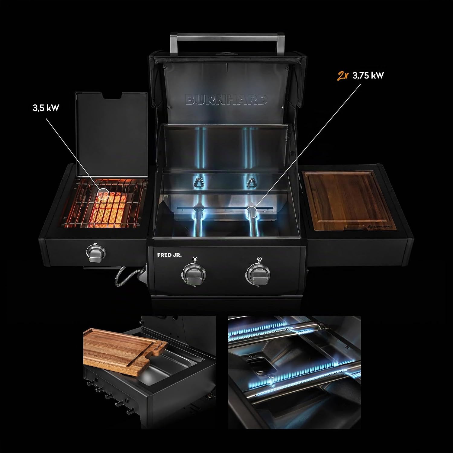 BURNHARD® FRED Jr. Deluxe Gasgrill 2-Brenner, Gusseisenrost, Schwarz-Matt 2 BURNHARD® FRED Jr. Deluxe Gasgrill 2-Brenner, Gusseisenrost, Schwarz-Matt – Bild 2