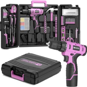 FADAKWALT 103-teiliger Werkzeugkoffer mit Akkuschrauber, Werkzeugkasten und Werkzeug-Set, 12V Akku-Bohrschrauber mit LED-Licht, für Heimwerker, Haushalt und DIY – für Frauen und Männer (Pink)