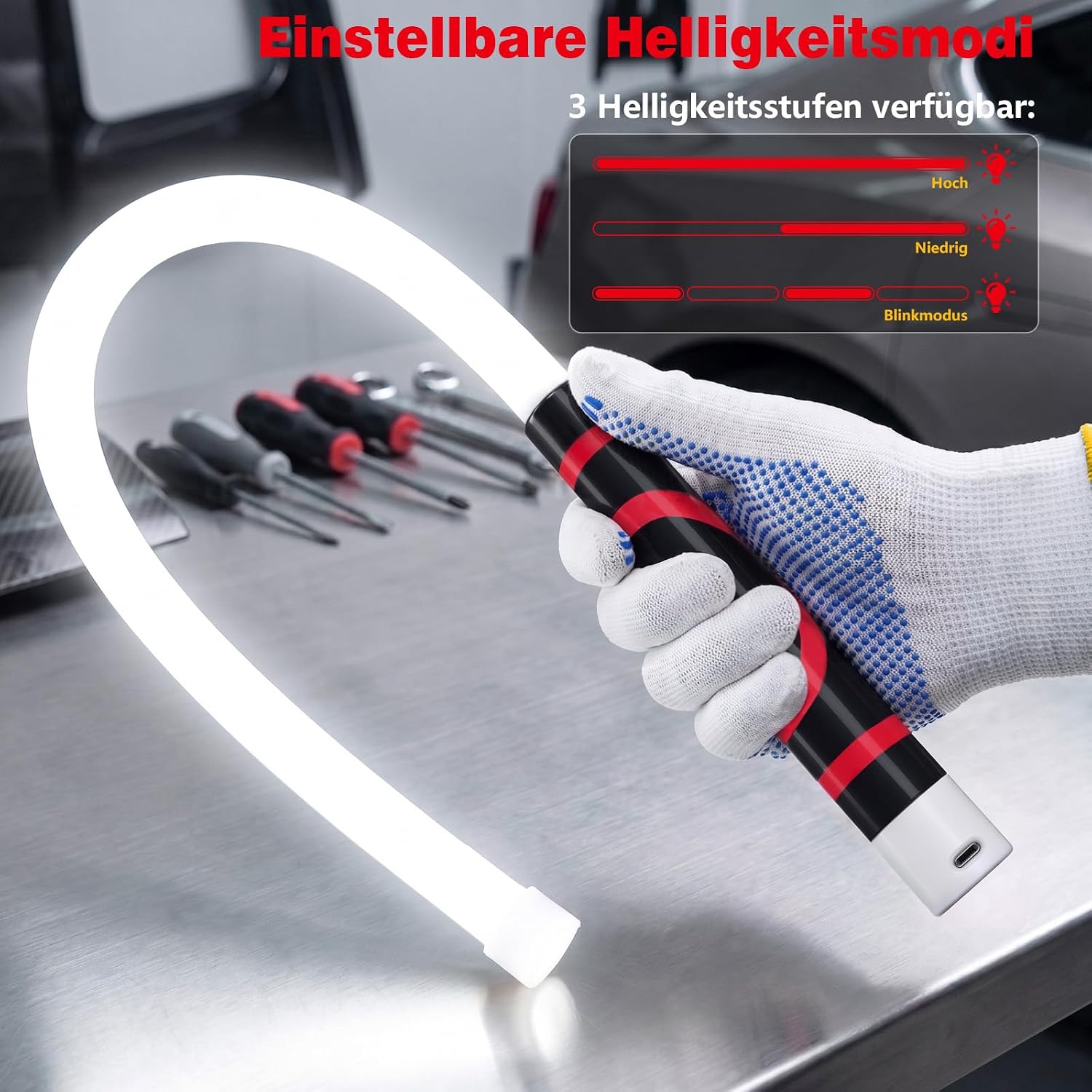 80 cm Flexible LED Arbeitsleuchte – Biegsame Werkstattlampe mit Akku, USB-C, 3 Leuchtmodi, bis zu 800 lm – Ideal als Handlampe für KFZ und Werkstatt (Energieeffizienzklasse A) 5 80 cm Flexible LED Arbeitsleuchte – Biegsame Werkstattlampe mit Akku, USB-C, 3 Leuchtmodi, bis zu 800 lm – Ideal als Handlampe für KFZ und Werkstatt (Energieeffizienzklasse A) – Bild 5