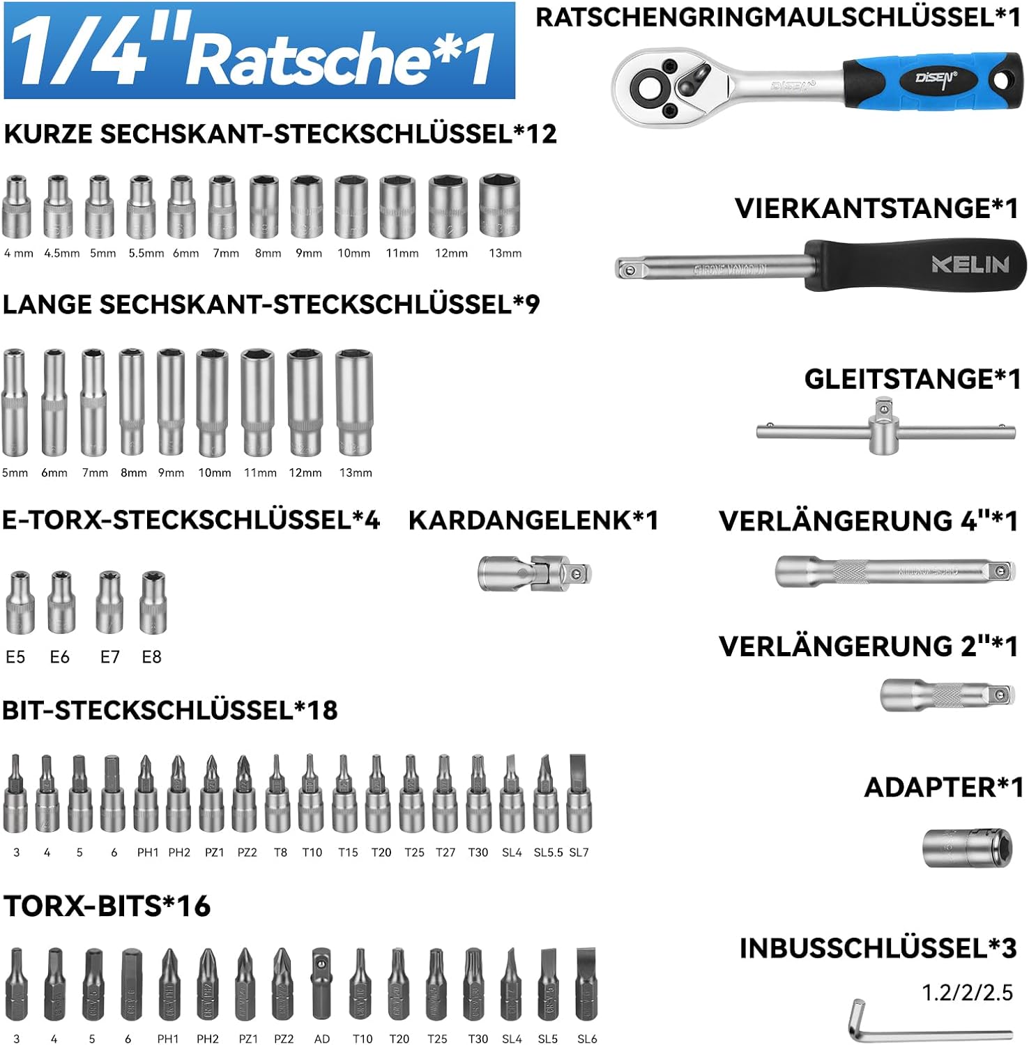 DISEN Steckschlüsselsatz 108-teilig, Ratschenschlüssel Knarrenkasten Set mit Umschaltknarre 1/4" und 3/8", inkl. Gängigen Torx - Bitsatz, Verlängerungen, Steckschlüssel Set und Nüsse für Heim 3 DISEN Steckschlüsselsatz 108-teilig, Ratschenschlüssel Knarrenkasten Set mit Umschaltknarre 1/4" und 3/8", inkl. Gängigen Torx - Bitsatz, Verlängerungen, Steckschlüssel Set und Nüsse für Heim – Bild 3