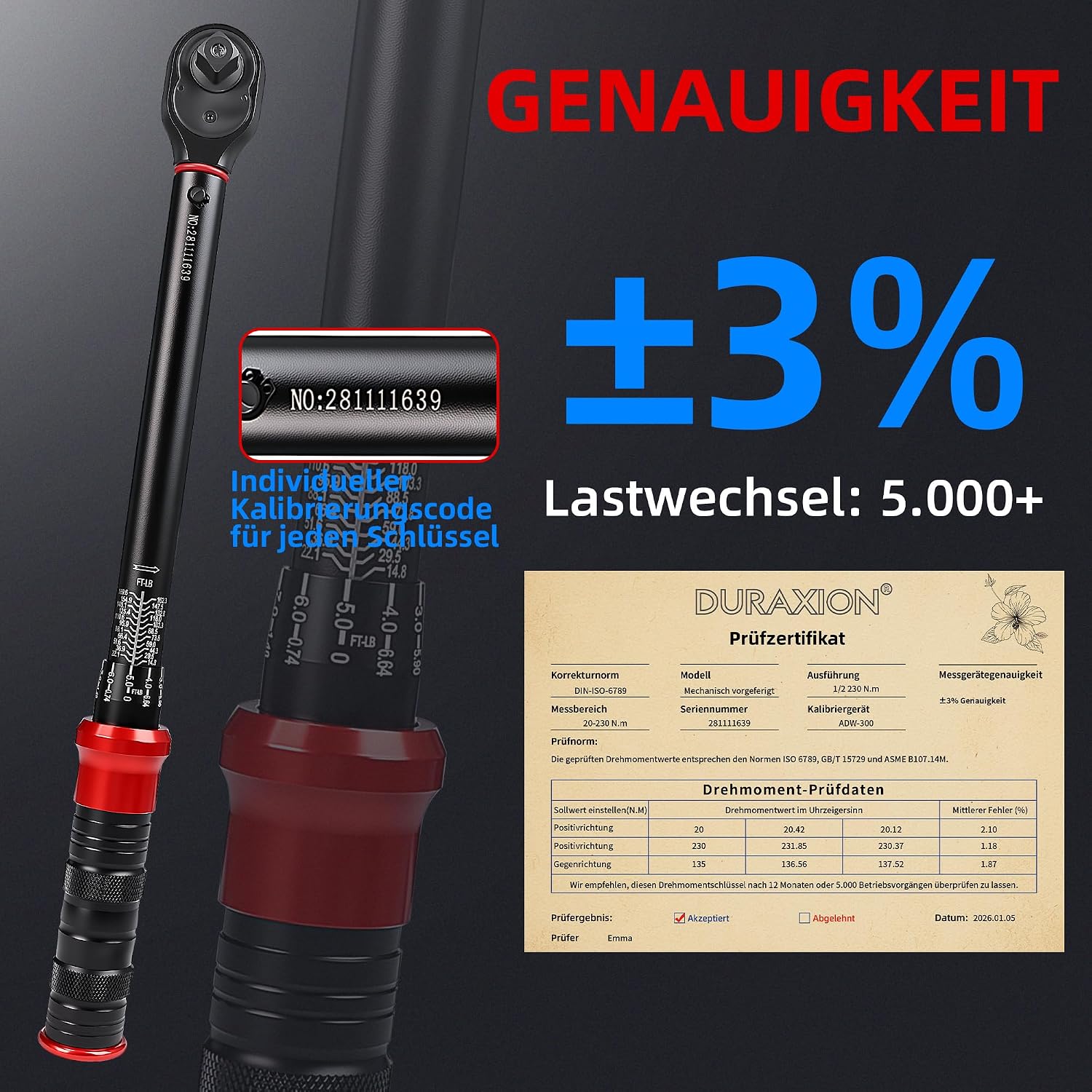 3-tlg Drehmomentschlüssel 1/2", 20-230Nm für Auto/Motorrad 5 3-tlg Drehmomentschlüssel 1/2", 20-230Nm für Auto/Motorrad – Bild 5
