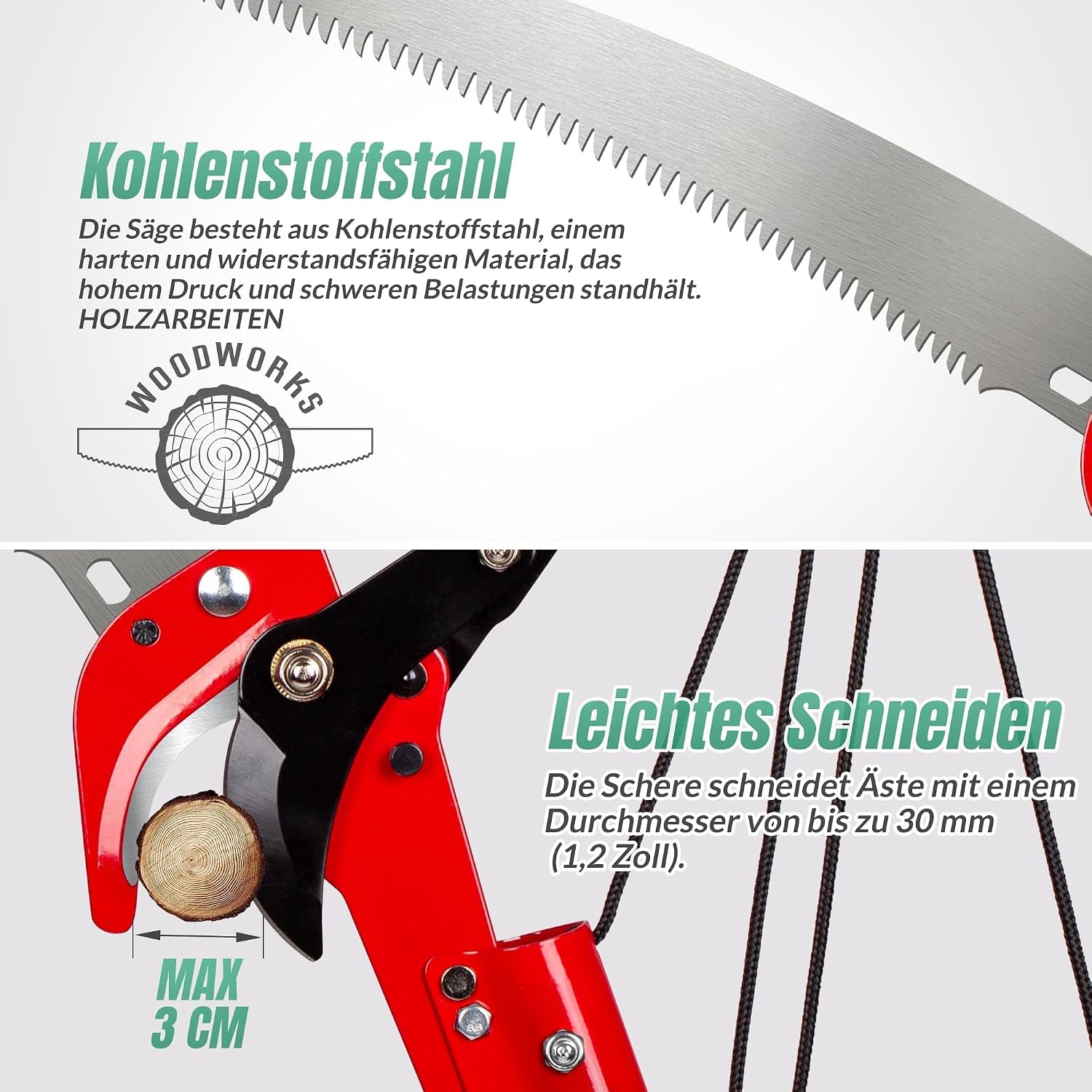 Walensee Teleskop-Baumschere 2-in-1 mit Astsäge, 3 M ausziehbare Stange, Baumschneider mit Stahlklinge und Astschneider, leichte, hochfeste Griffe für einfache Garten- und Baumpflege, Rot 5 Walensee Teleskop-Baumschere 2-in-1 mit Astsäge, 3 M ausziehbare Stange, Baumschneider mit Stahlklinge und Astschneider, leichte, hochfeste Griffe für einfache Garten- und Baumpflege, Rot – Bild 5