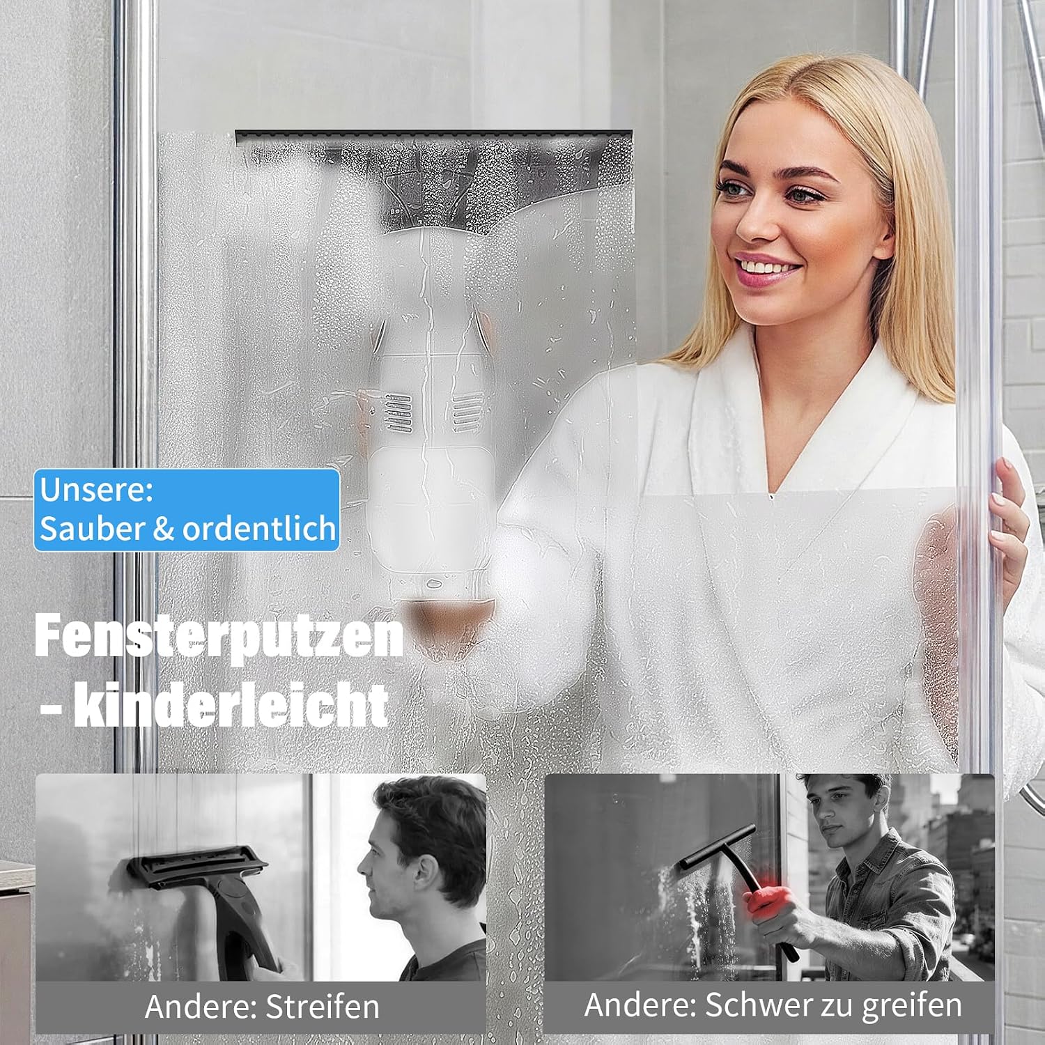 Eave Fenstersauger, Fenster Putzen mit 28cm & 17cm Abzieherklingen, 2000pa Fensterreiniger Elektrisch mit 45 Minuten Akkulaufzeit & 270ml Wassertank, Akku Fensterputzer für Fenster, Spiegel, WC07 5 Eave Fenstersauger, Fenster Putzen mit 28cm & 17cm Abzieherklingen, 2000pa Fensterreiniger Elektrisch mit 45 Minuten Akkulaufzeit & 270ml Wassertank, Akku Fensterputzer für Fenster, Spiegel, WC07 – Bild 5
