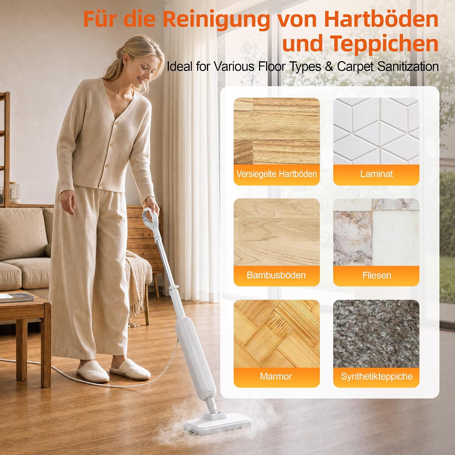 Dampfreiniger 3500W, 9-in-1 Dampfreiniger Handgerät, 99,99% Keimabtötung, ohne Chemikalien, 15 Sek Aufheizzeit, 275 ml Tank, 3-stufige Temperaturregelung, für Böden, Teppiche, Fliesen und Grill 3 Dampfreiniger 3500W, 9-in-1 Dampfreiniger Handgerät, 99,99% Keimabtötung, ohne Chemikalien, 15 Sek Aufheizzeit, 275 ml Tank, 3-stufige Temperaturregelung, für Böden, Teppiche, Fliesen und Grill – Bild 3
