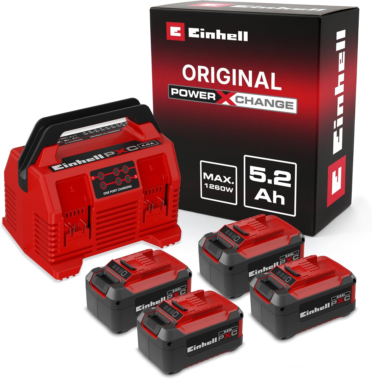Original Einhell Kit PXC 4X 5,2 Ah & Quattrocharger 4 A 1 Original Einhell Kit PXC 4X 5,2 Ah & Quattrocharger 4 A