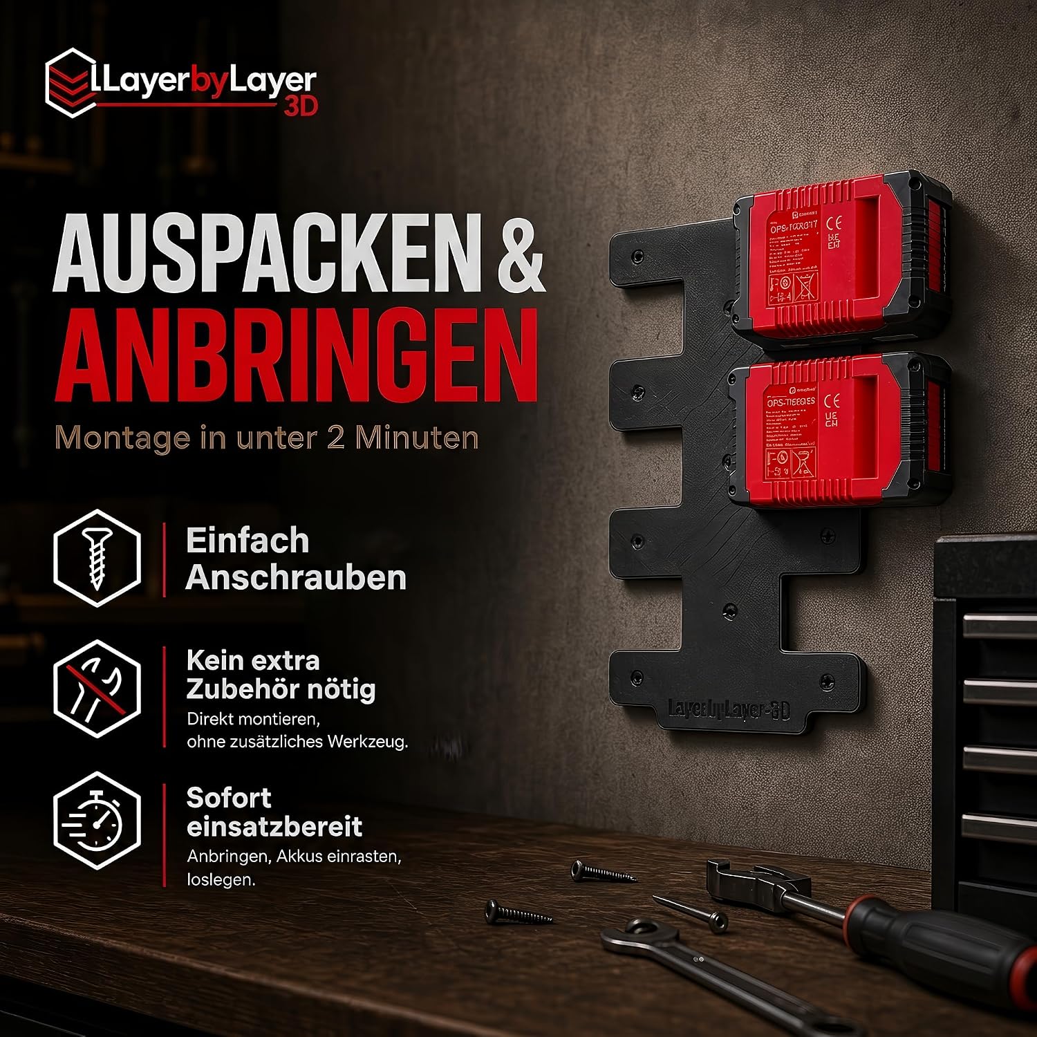 Wandhalterung für Einhell Akkus, 6-Fach 18V Akkuhalter 5 Wandhalterung für Einhell Akkus, 6-Fach 18V Akkuhalter – Bild 5