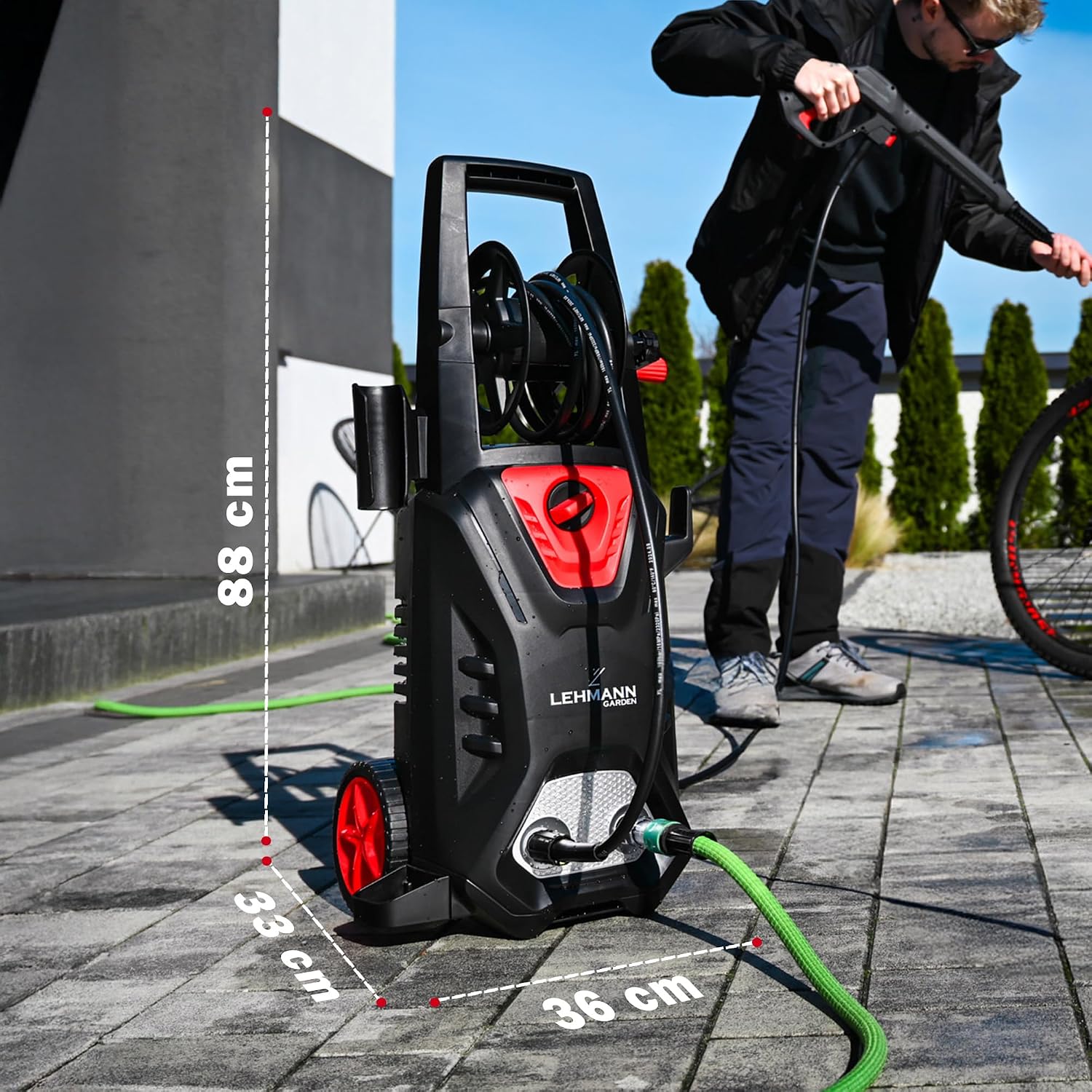 LEHMANN Hudson Hochdruckreiniger mit Aluminiumpumpe, 1800 W, max. 220 bar Druck, 450 l/h Fördermenge, Zubehör - Terrassenbürste, Schaumsprüher, Felgenbürste, Ideal als Auto Hochdruckreiniger 3 LEHMANN Hudson Hochdruckreiniger mit Aluminiumpumpe, 1800 W, max. 220 bar Druck, 450 l/h Fördermenge, Zubehör - Terrassenbürste, Schaumsprüher, Felgenbürste, Ideal als Auto Hochdruckreiniger – Bild 3