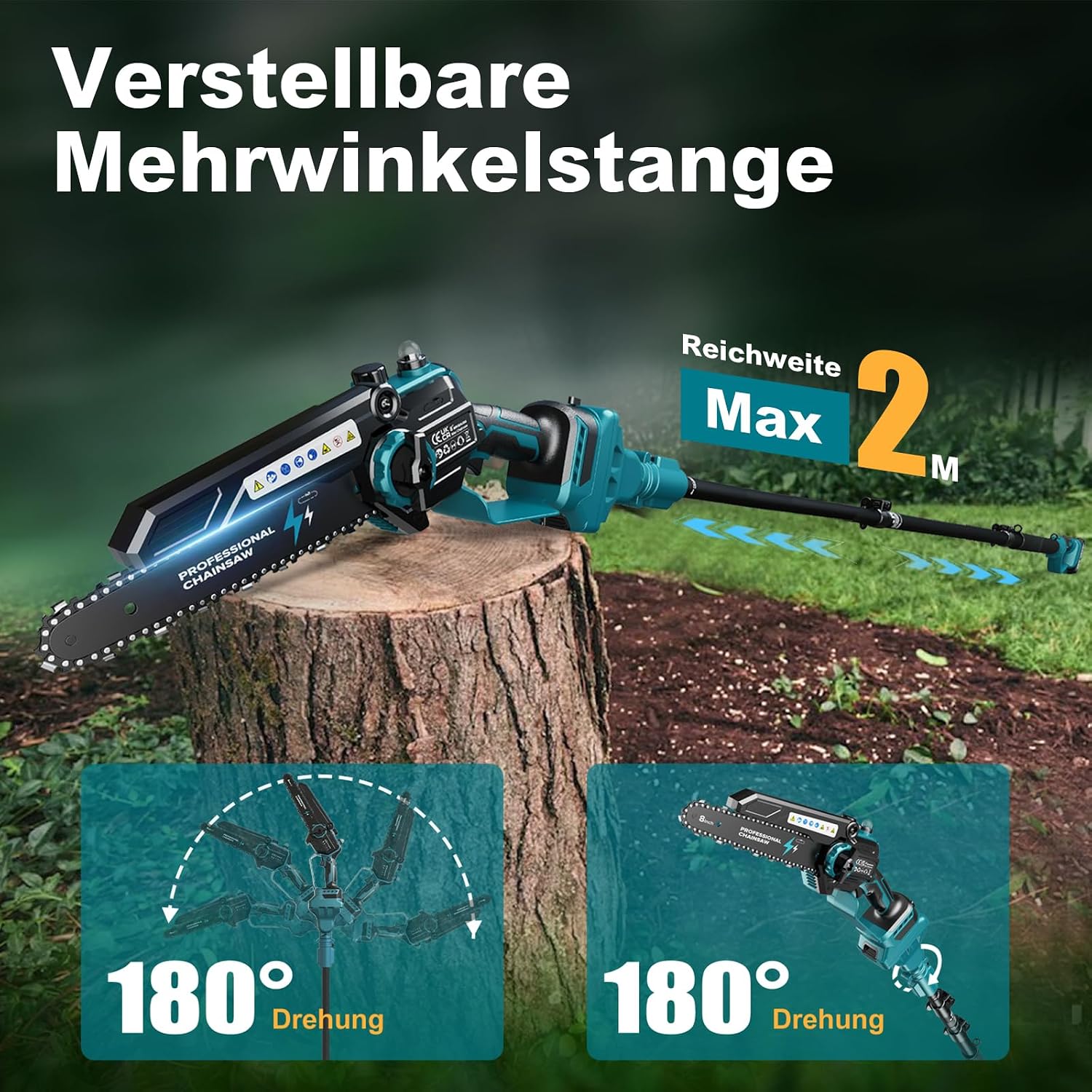 2-in-1 Mini Kettensäge 8 Zoll mit Teleskopstange, 1200W Bürstenlose Teleskop Kettensäge mit 2 Akku, 50ml Öltank, Arbeitsreichweite 4M 5 2-in-1 Mini Kettensäge 8 Zoll mit Teleskopstange, 1200W Bürstenlose Teleskop Kettensäge mit 2 Akku, 50ml Öltank, Arbeitsreichweite 4M – Bild 5