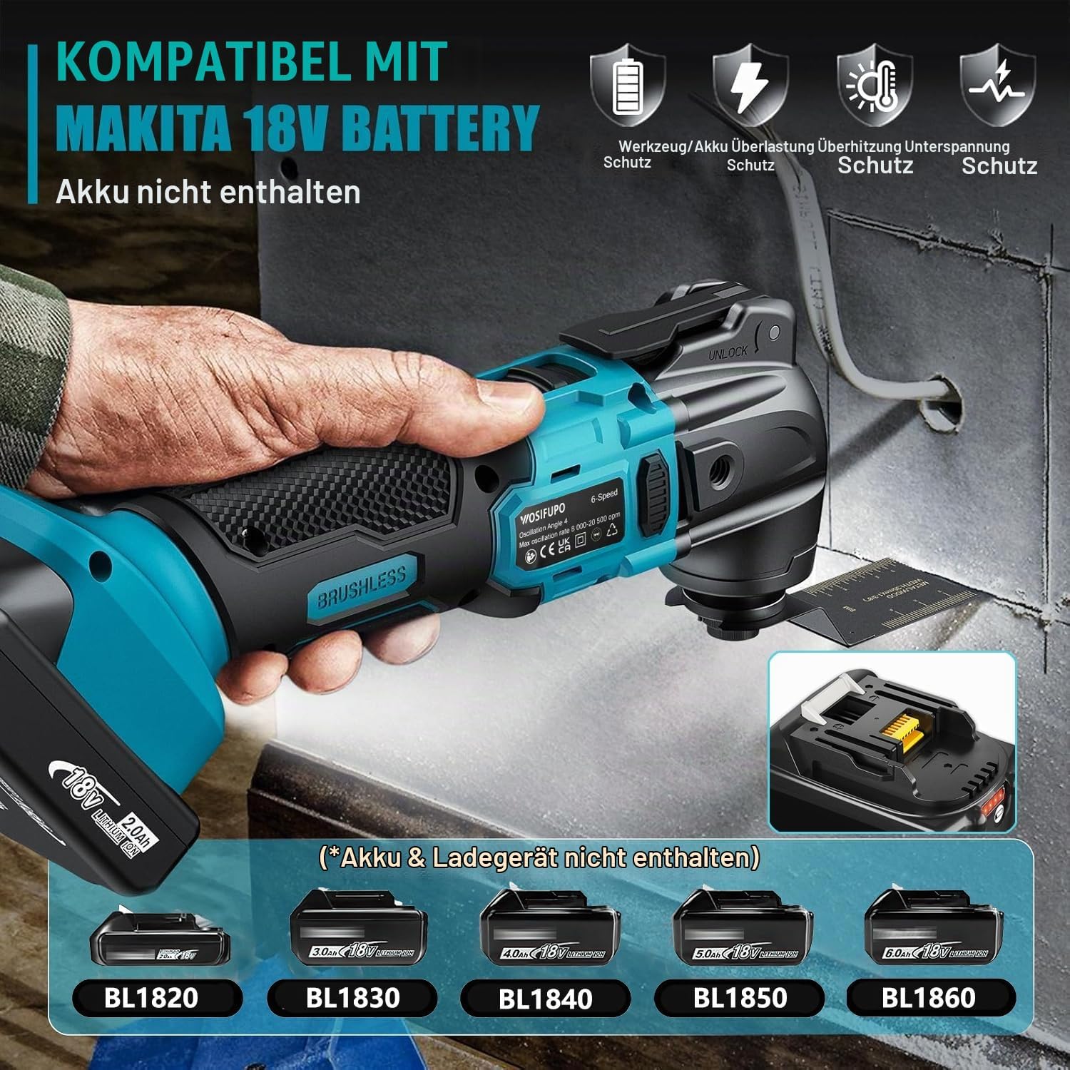 Multifunktionswerkzeug akku für Makita 18V Akku (Ohne Akku), Oszillationswerkzeug Akku mit 30 Zubehör, 20500 OPM 6 Einstellbare Geschwindigkeiten Multitool zum Entfernen, Schaben, Schneiden 2 Multifunktionswerkzeug akku für Makita 18V Akku (Ohne Akku), Oszillationswerkzeug Akku mit 30 Zubehör, 20500 OPM 6 Einstellbare Geschwindigkeiten Multitool zum Entfernen, Schaben, Schneiden – Bild 2
