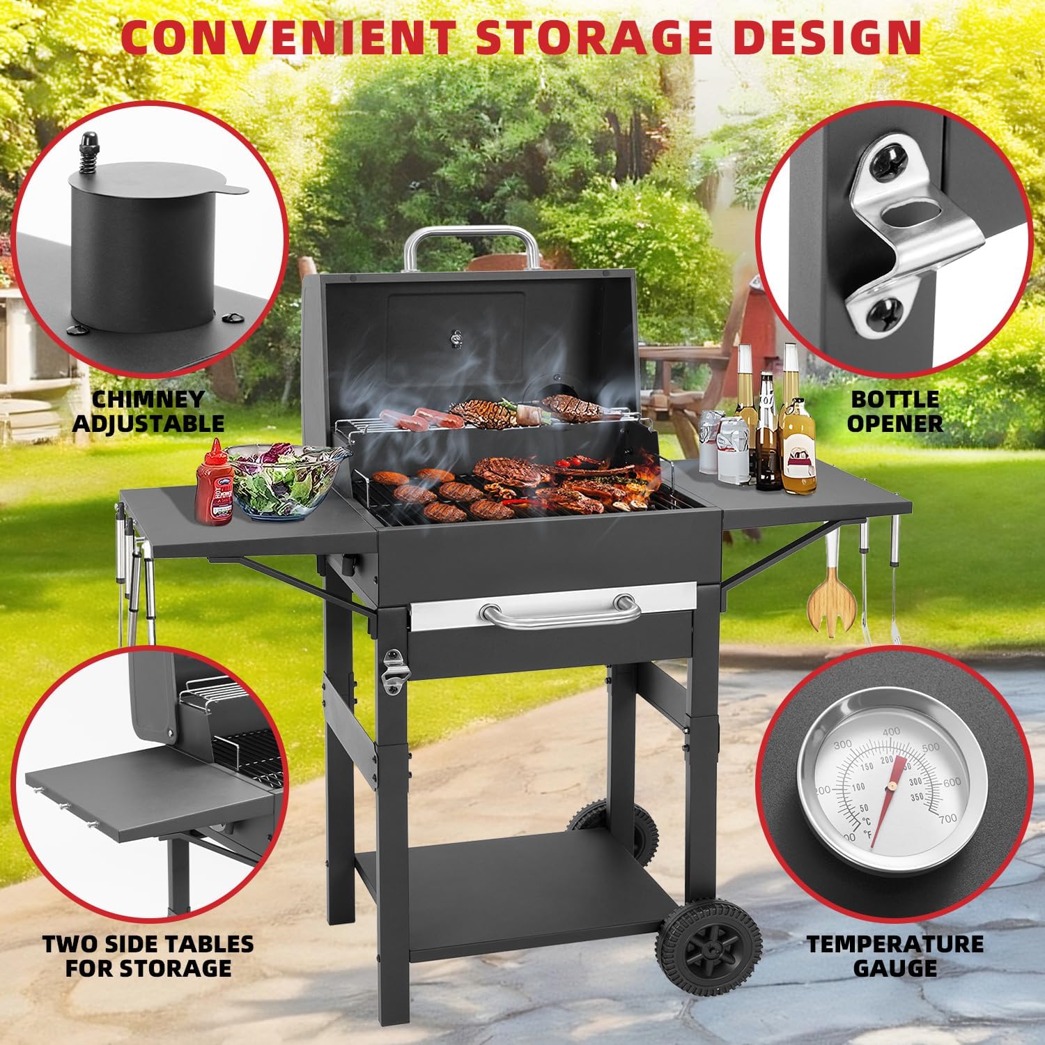 Holzkohlegrill mit Deckel Grill für Outdoor Garten, Camping BBQ & Smoker 3 Holzkohlegrill mit Deckel Grill für Outdoor Garten, Camping BBQ & Smoker – Bild 3