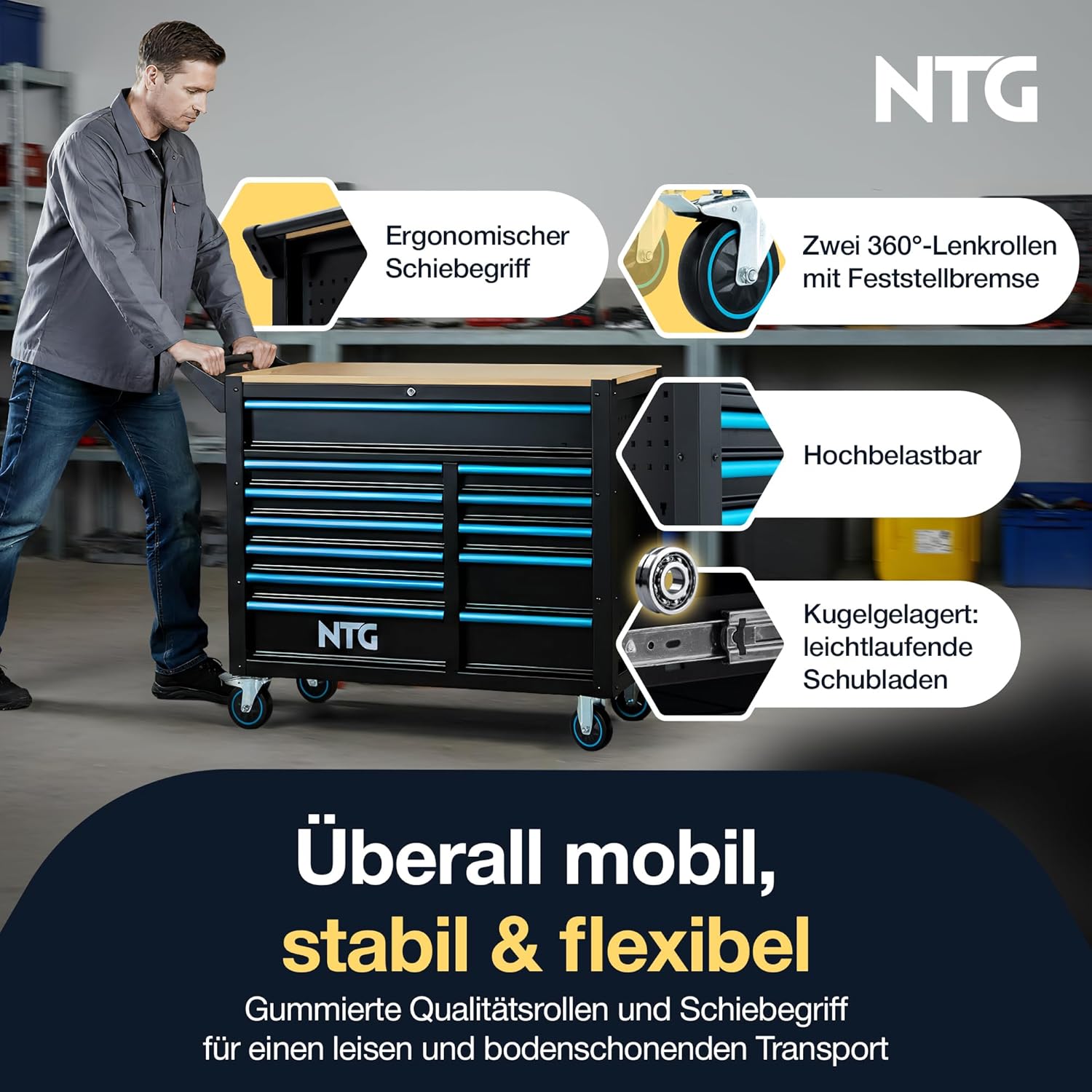 NTG Werkzeugwagen XXL 471-tlg. bestückt - 12 Schubladen Holzarbeitsplatte 5 NTG Werkzeugwagen XXL 471-tlg. bestückt - 12 Schubladen Holzarbeitsplatte – Bild 5