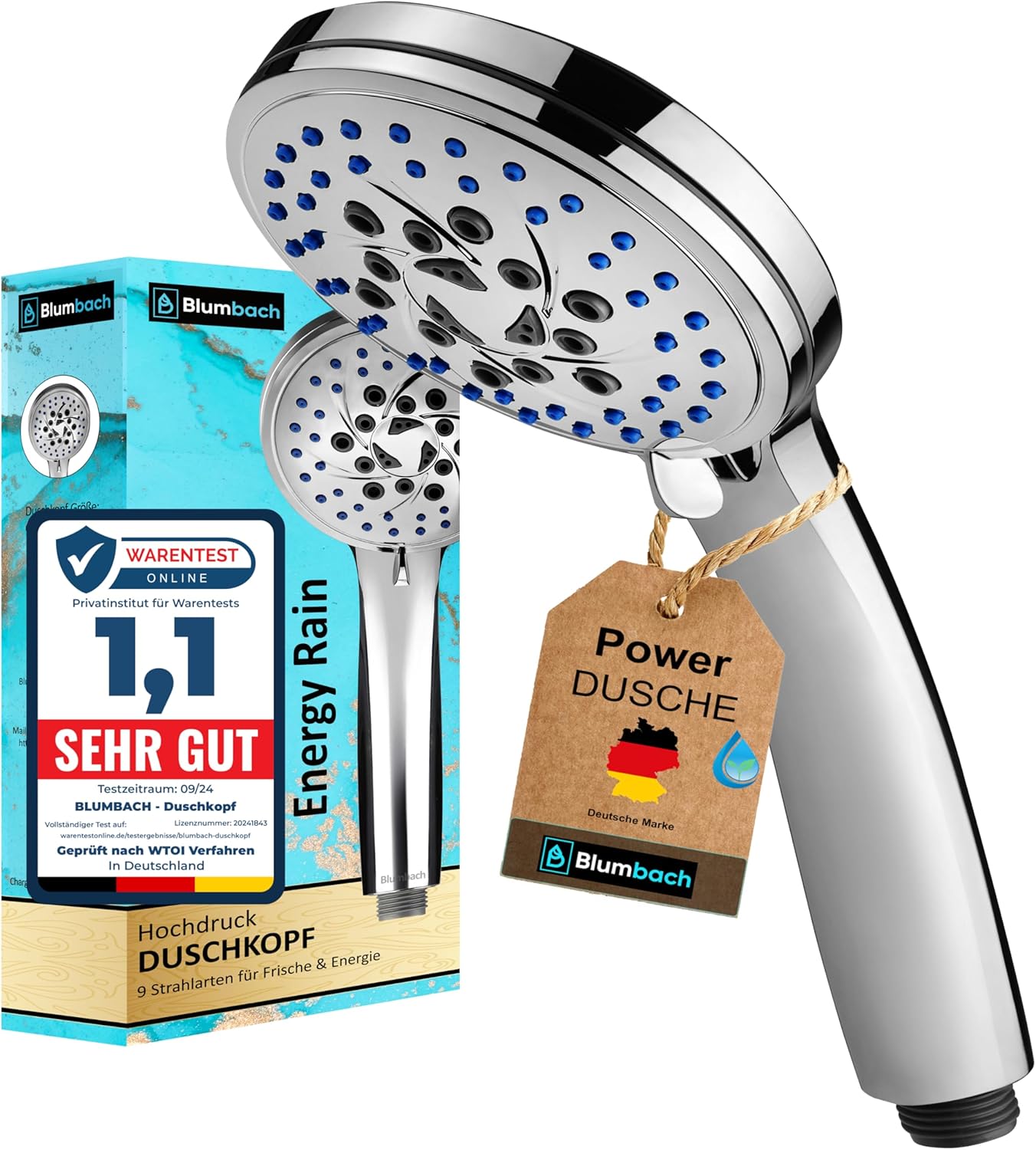 BLUMBACH® Duschkopf wassersparend Energy Rain Shower Head mit 9 Strahlarten