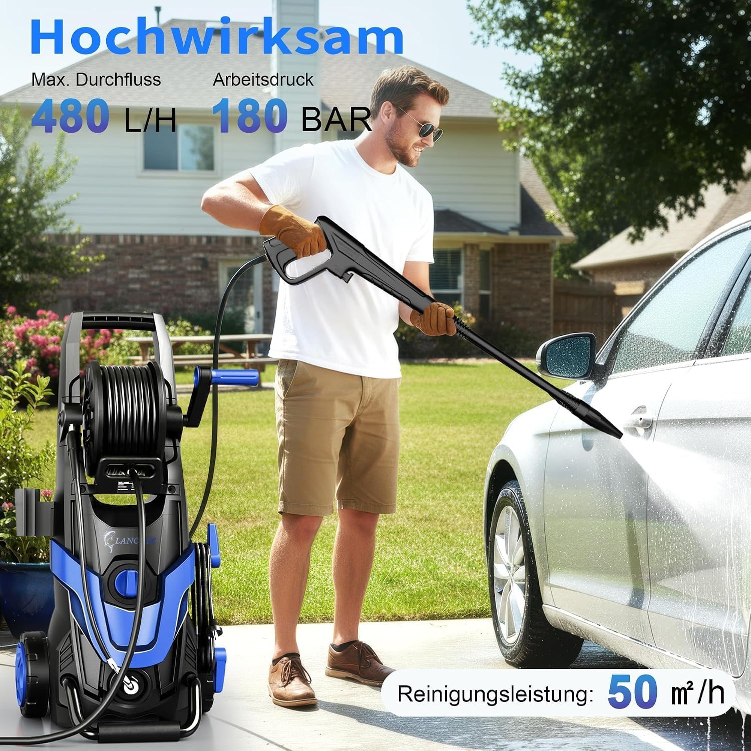 LANCHEZ Hochdruckreiniger 180 bar max Druck, Fördermenge 480 l/h, 7-in-1-Zubehör Kit (500ml Schaumsprüher, Schnellkupplungen, Schnellanschlussdüsen, Terrassenbürste) für Auto, Terrasse, Blau 2 LANCHEZ Hochdruckreiniger 180 bar max Druck, Fördermenge 480 l/h, 7-in-1-Zubehör Kit (500ml Schaumsprüher, Schnellkupplungen, Schnellanschlussdüsen, Terrassenbürste) für Auto, Terrasse, Blau – Bild 2