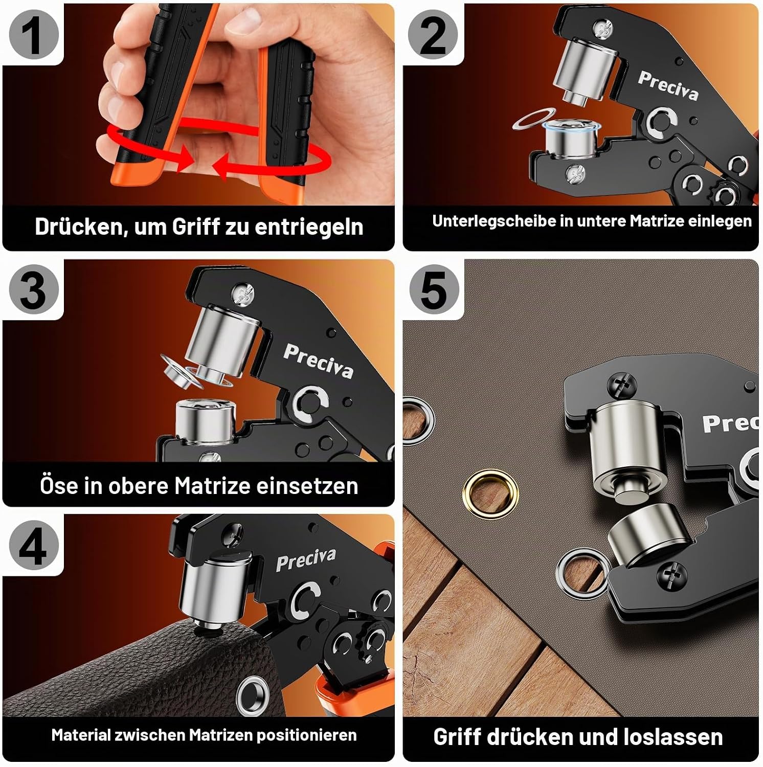 Preciva Ösenzangen Set mit austauschbarem Zangekopf, Aufbewahrungsbox und 400 Stück Ösen (Ø6 mm und Ø10 mm, je 200 Stück) für PVC-Banner, Planen, Karton 5 Preciva Ösenzangen Set mit austauschbarem Zangekopf, Aufbewahrungsbox und 400 Stück Ösen (Ø6 mm und Ø10 mm, je 200 Stück) für PVC-Banner, Planen, Karton – Bild 5