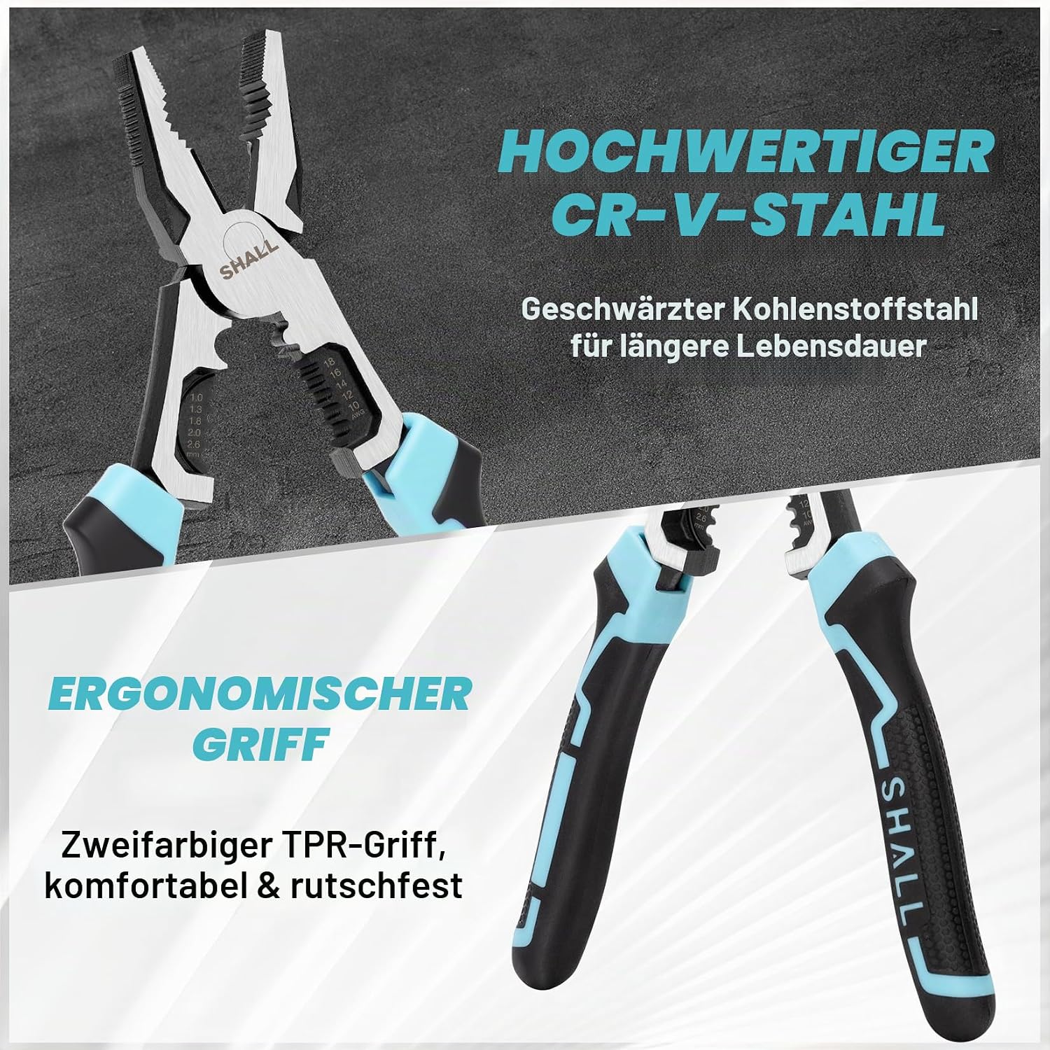 SHALL 3-teiliges Hochleistungszangenset, 8" Spitzzange, 8" Seitenschneider, 8" Kombizange, Elektrikerzangenset mit Drahtschneider, Abisolierzange und Crimpzange 3 SHALL 3-teiliges Hochleistungszangenset, 8" Spitzzange, 8" Seitenschneider, 8" Kombizange, Elektrikerzangenset mit Drahtschneider, Abisolierzange und Crimpzange – Bild 3