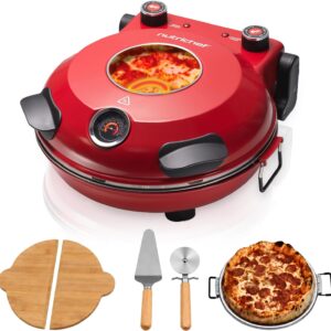 NutriChef Pizzaofen Elektrisch – Ø 35,5cm Abnehmbarer Keramikstein, 1200W bis 430°C, Ober-/Unterhitze Getrennt Regelbar, Sichtfenster, Antihaft