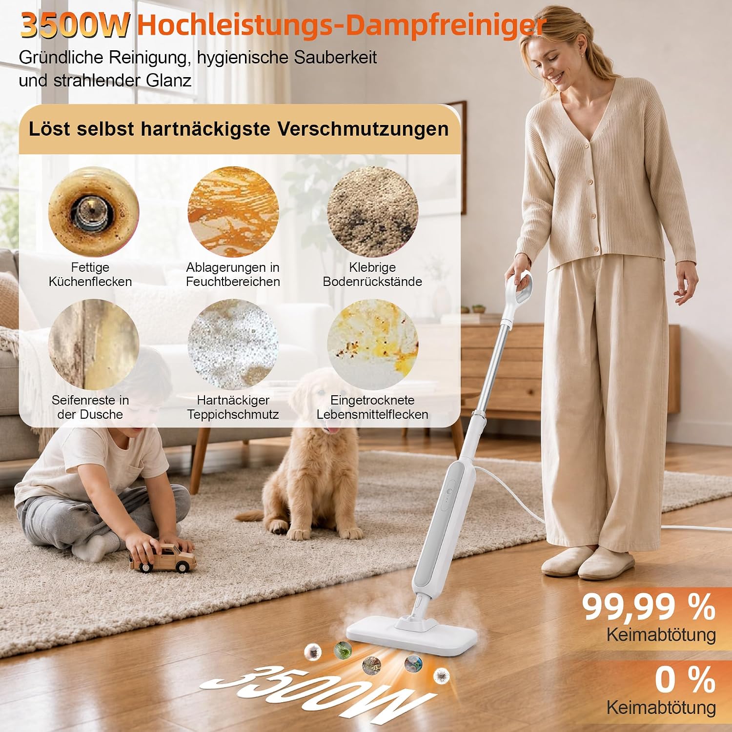 Dampfreiniger 3500W, 9-in-1 Dampfreiniger Handgerät, 99,99% Keimabtötung, ohne Chemikalien, 15 Sek Aufheizzeit, 275 ml Tank, 3-stufige Temperaturregelung, für Böden, Teppiche, Fliesen und Grill 2 Dampfreiniger 3500W, 9-in-1 Dampfreiniger Handgerät, 99,99% Keimabtötung, ohne Chemikalien, 15 Sek Aufheizzeit, 275 ml Tank, 3-stufige Temperaturregelung, für Böden, Teppiche, Fliesen und Grill – Bild 2