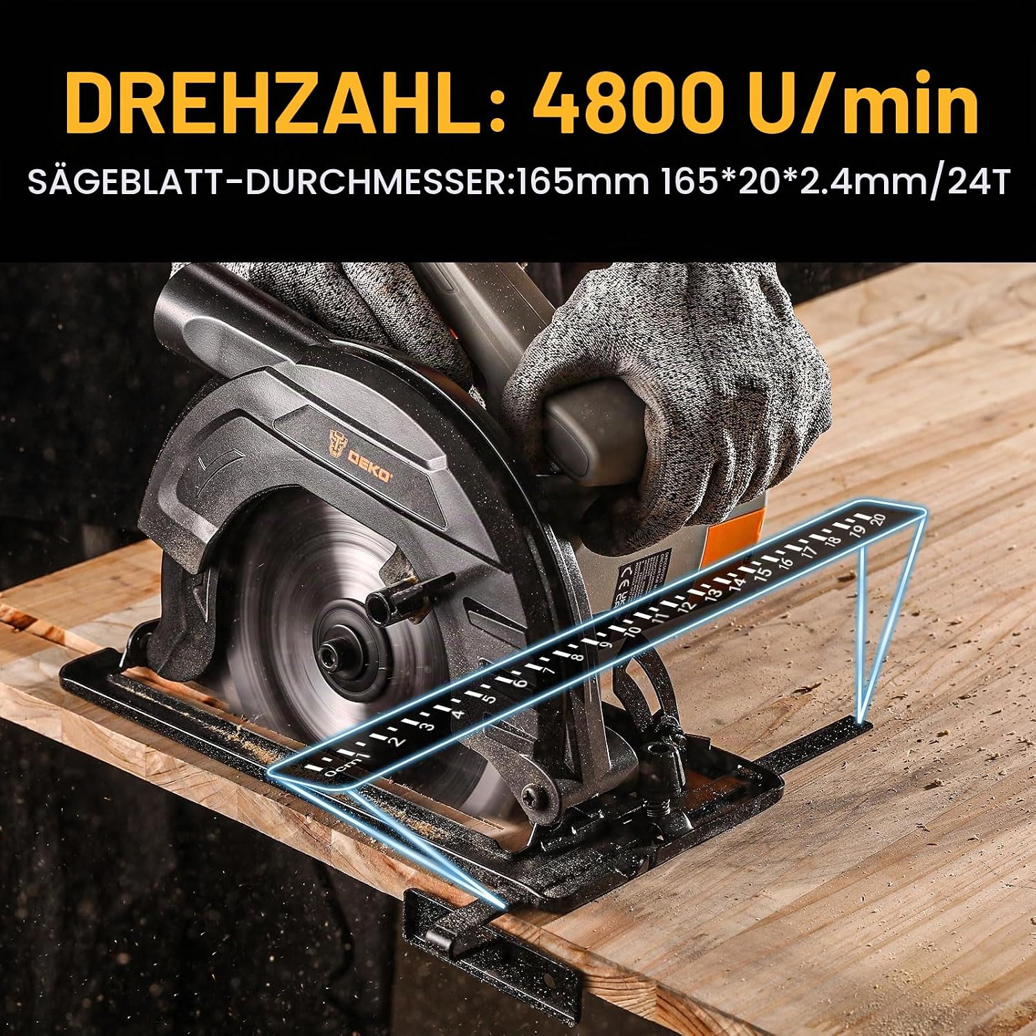 1200W Kreissäge: DEKOPRO Kreissäge mit Führung, 4800 U/min, Sägeblatt Ø165mm (24T), Maximale Schnitttiefe 55mm (90°), 33mm (45°), Inklusive Führung, Ideal zum Schneiden von Holz 3 1200W Kreissäge: DEKOPRO Kreissäge mit Führung, 4800 U/min, Sägeblatt Ø165mm (24T), Maximale Schnitttiefe 55mm (90°), 33mm (45°), Inklusive Führung, Ideal zum Schneiden von Holz – Bild 3