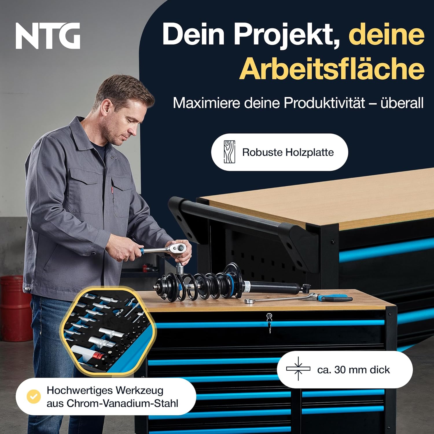 NTG Werkzeugwagen XXL 471-tlg. bestückt - 12 Schubladen Holzarbeitsplatte 3 NTG Werkzeugwagen XXL 471-tlg. bestückt - 12 Schubladen Holzarbeitsplatte – Bild 3
