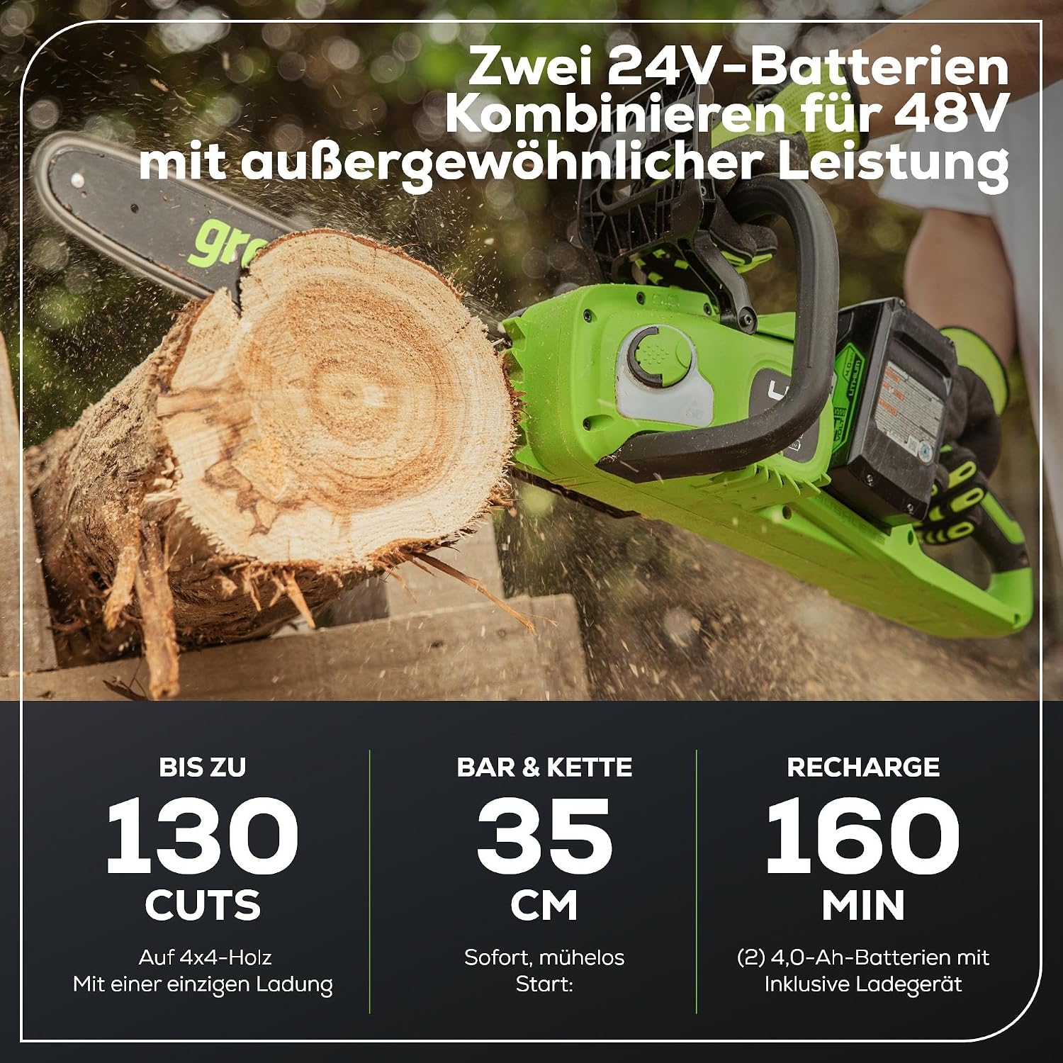 Greenworks 48V (24V x 2) Akku Kettensäge mit bürstenlosem Motor, 35cm Blattlänge, 20 m/s Kettengeschwindigkeit, Auto-Öler, Mit zwei 4Ah Akkus & Doppel-Ladegerät, 3 Jahre Garantie-GD24X2CS36K4X 3 Greenworks 48V (24V x 2) Akku Kettensäge mit bürstenlosem Motor, 35cm Blattlänge, 20 m/s Kettengeschwindigkeit, Auto-Öler, Mit zwei 4Ah Akkus & Doppel-Ladegerät, 3 Jahre Garantie-GD24X2CS36K4X – Bild 3