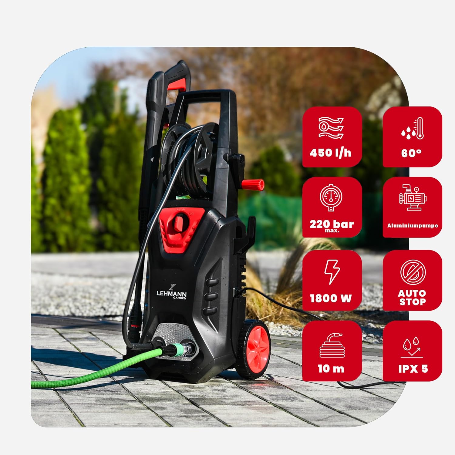 LEHMANN Hudson Hochdruckreiniger mit Aluminiumpumpe, 1800 W, max. 220 bar Druck, 450 l/h Fördermenge, Zubehör - Terrassenbürste, Schaumsprüher, Felgenbürste, Ideal als Auto Hochdruckreiniger 4 LEHMANN Hudson Hochdruckreiniger mit Aluminiumpumpe, 1800 W, max. 220 bar Druck, 450 l/h Fördermenge, Zubehör - Terrassenbürste, Schaumsprüher, Felgenbürste, Ideal als Auto Hochdruckreiniger – Bild 4