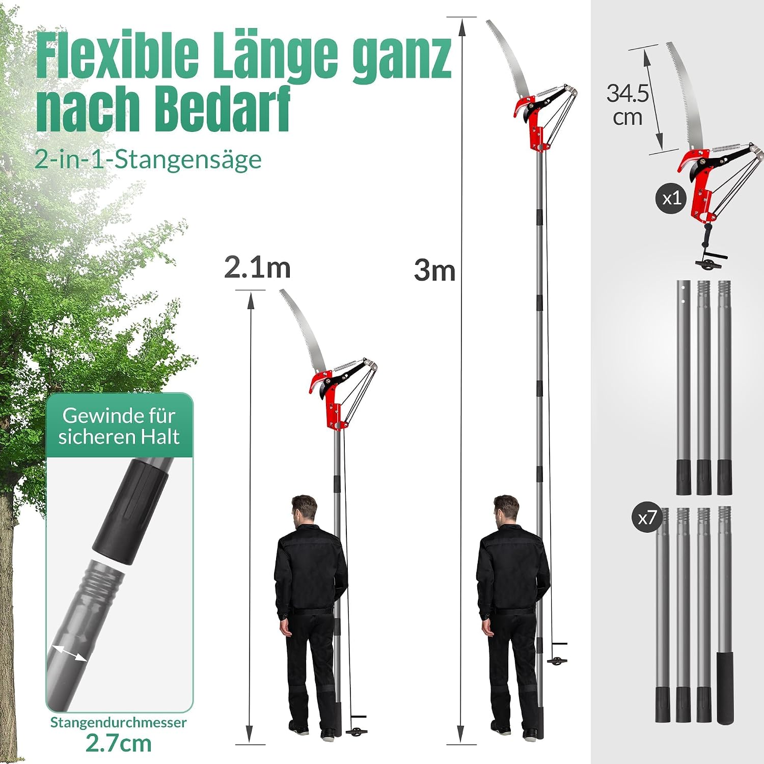 Walensee Teleskop-Baumschere 2-in-1 mit Astsäge, 3 M ausziehbare Stange, Baumschneider mit Stahlklinge und Astschneider, leichte, hochfeste Griffe für einfache Garten- und Baumpflege, Rot 3 Walensee Teleskop-Baumschere 2-in-1 mit Astsäge, 3 M ausziehbare Stange, Baumschneider mit Stahlklinge und Astschneider, leichte, hochfeste Griffe für einfache Garten- und Baumpflege, Rot – Bild 3