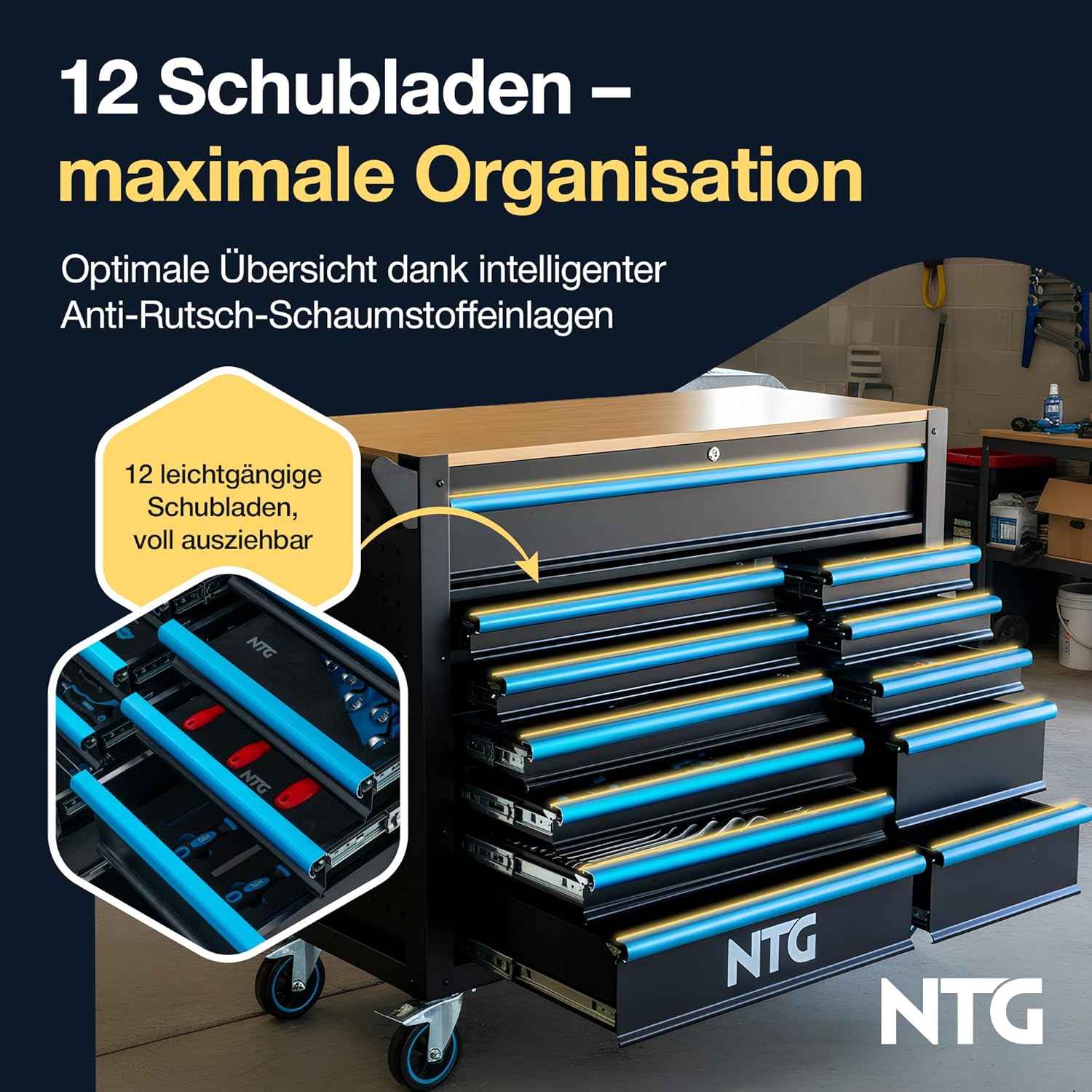NTG Werkzeugwagen XXL 471-tlg. bestückt - 12 Schubladen Holzarbeitsplatte 4 NTG Werkzeugwagen XXL 471-tlg. bestückt - 12 Schubladen Holzarbeitsplatte – Bild 4