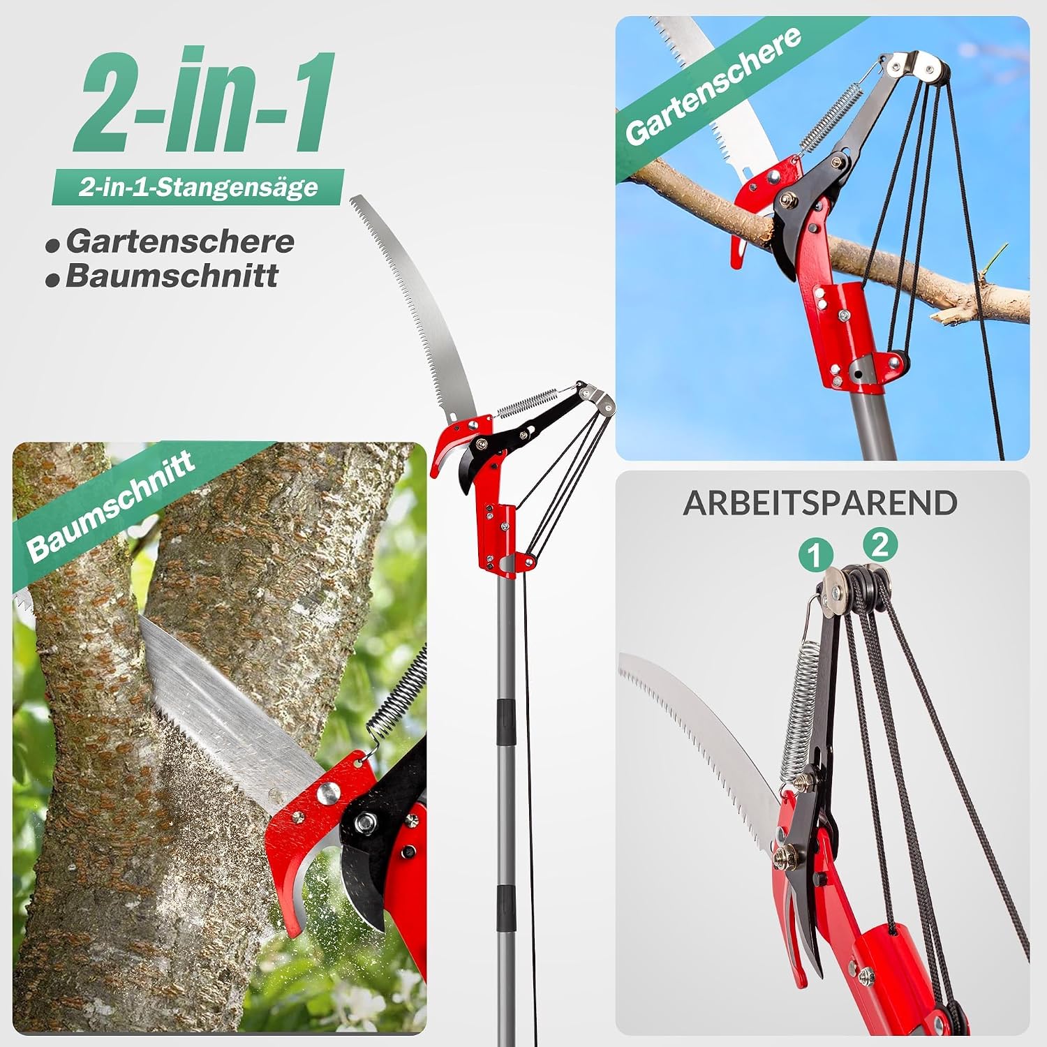 Walensee Teleskop-Baumschere 2-in-1 mit Astsäge, 3 M ausziehbare Stange, Baumschneider mit Stahlklinge und Astschneider, leichte, hochfeste Griffe für einfache Garten- und Baumpflege, Rot 4 Walensee Teleskop-Baumschere 2-in-1 mit Astsäge, 3 M ausziehbare Stange, Baumschneider mit Stahlklinge und Astschneider, leichte, hochfeste Griffe für einfache Garten- und Baumpflege, Rot – Bild 4