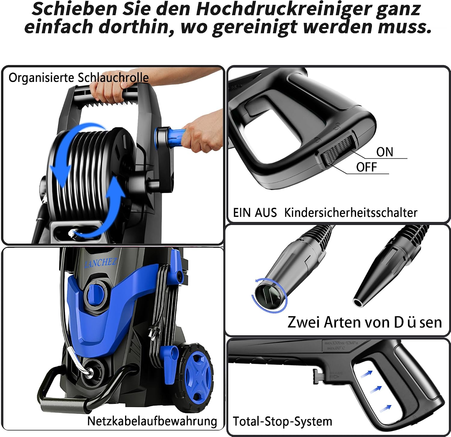 LANCHEZ Hochdruckreiniger 180 bar max Druck, Fördermenge 480 l/h, 7-in-1-Zubehör Kit (500ml Schaumsprüher, Schnellkupplungen, Schnellanschlussdüsen, Terrassenbürste) für Auto, Terrasse, Blau 5 LANCHEZ Hochdruckreiniger 180 bar max Druck, Fördermenge 480 l/h, 7-in-1-Zubehör Kit (500ml Schaumsprüher, Schnellkupplungen, Schnellanschlussdüsen, Terrassenbürste) für Auto, Terrasse, Blau – Bild 5
