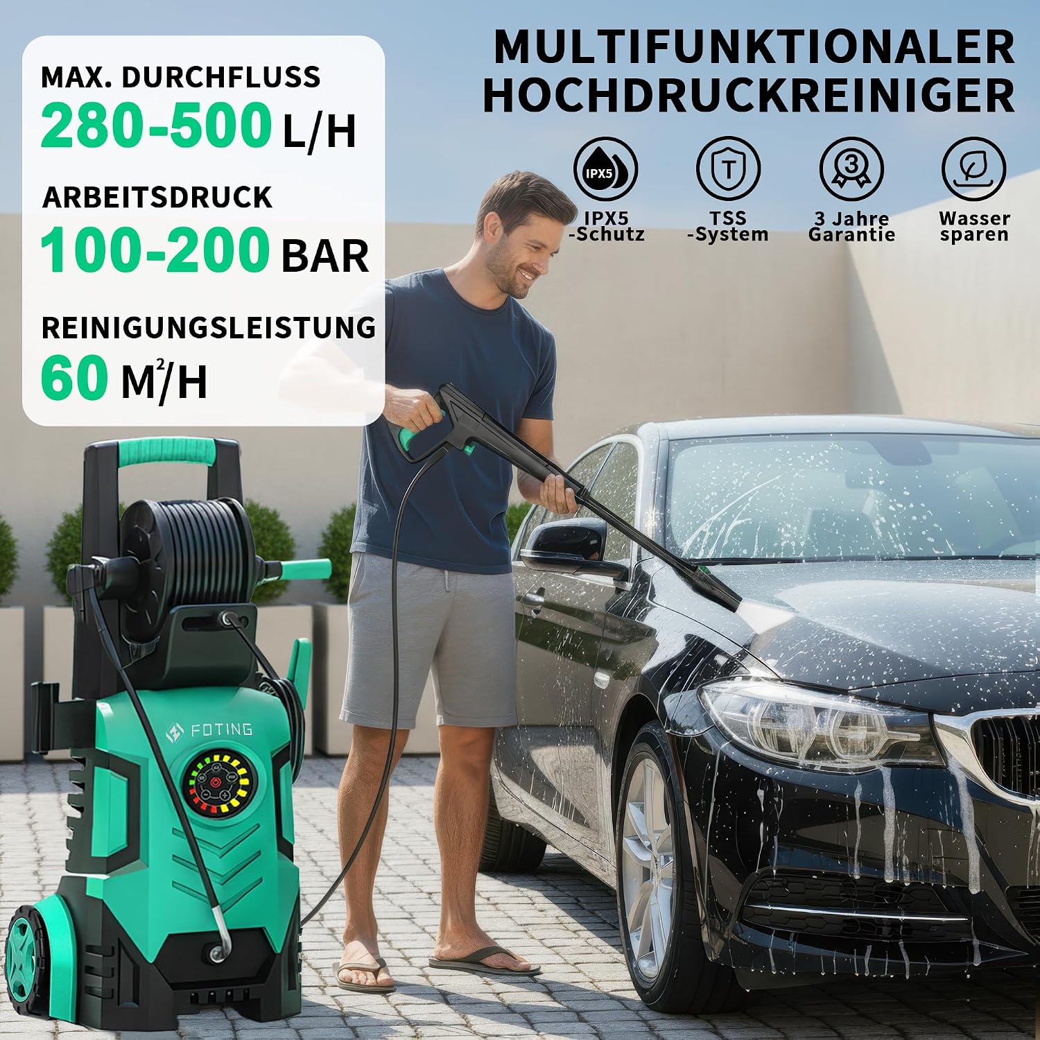 2026New Hochdruckreiniger Touchscreen 8-stufiger 200 Bar, 6-in-1-Düse, 90cm Gerätehöhe, Einstellbarer Druck 100-200bar, Fördermenge 280-500l/h, Flächenleistung 60m²/h, mit Schaumkanone Schlauchtrommel 2 2026New Hochdruckreiniger Touchscreen 8-stufiger 200 Bar, 6-in-1-Düse, 90cm Gerätehöhe, Einstellbarer Druck 100-200bar, Fördermenge 280-500l/h, Flächenleistung 60m²/h, mit Schaumkanone Schlauchtrommel – Bild 2