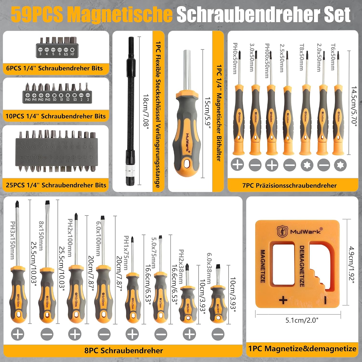 MulWark Magnetisches Schraubendreher-Set, 59-teilig, Chrom-Vanadium-Stahl, ergonomisches Design, Gummigriff, Schraubendreher-Set mit Koffer, Schlitz, Phillips, Sechskant, Pozidriv, Torx und Präzision, 4 MulWark Magnetisches Schraubendreher-Set, 59-teilig, Chrom-Vanadium-Stahl, ergonomisches Design, Gummigriff, Schraubendreher-Set mit Koffer, Schlitz, Phillips, Sechskant, Pozidriv, Torx und Präzision, – Bild 4