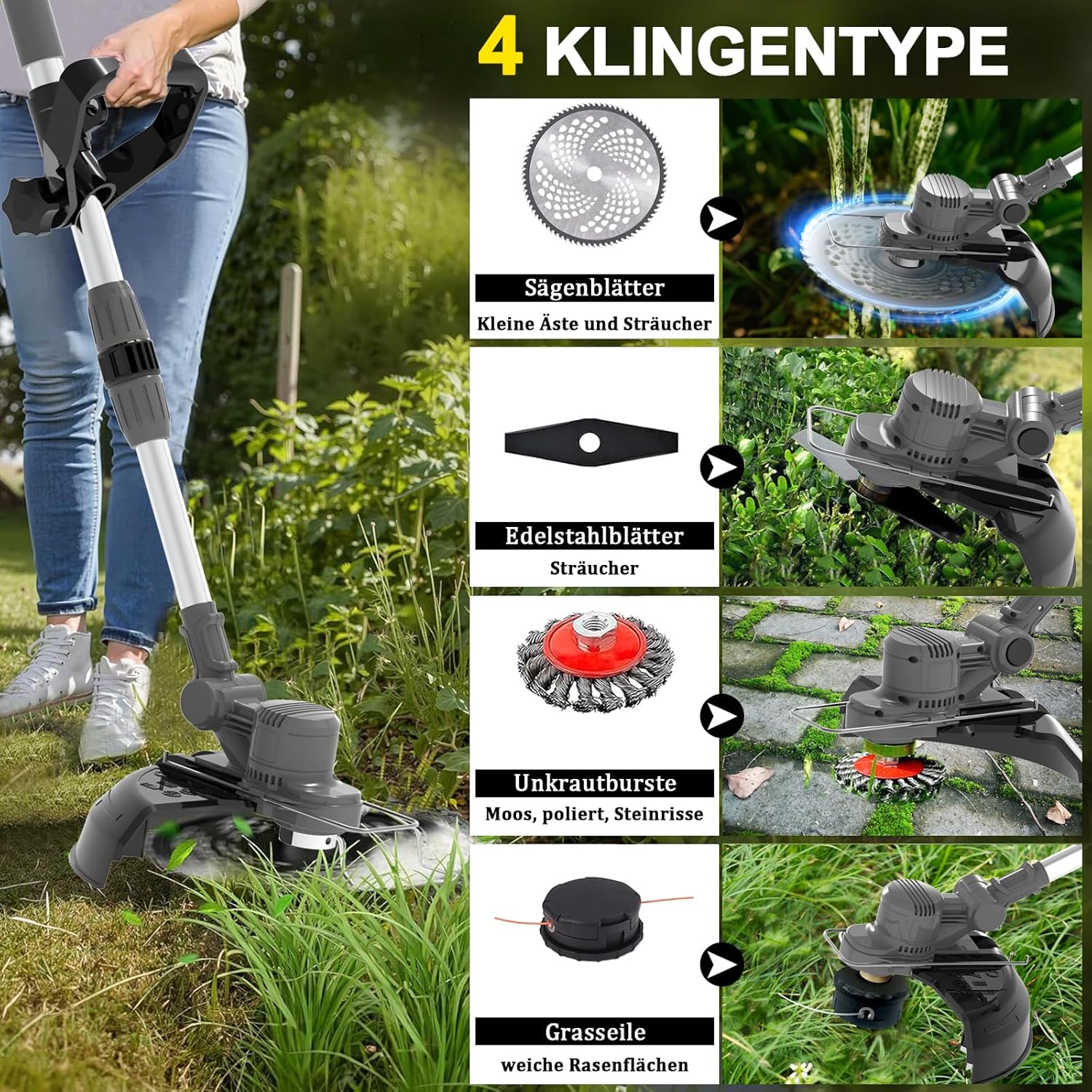 Rasentrimmer mit Akku und Unkrautbürste, Rasentrimmer für Makita Akku, 4-In-1 Akku Freischneider-Rasenkantenschneider für Garten Trimming, 180° Faltbar, 90° Trimmwinkel (Inkl 2 * 4,0Ah Akku) (Grey) 4 Rasentrimmer mit Akku und Unkrautbürste, Rasentrimmer für Makita Akku, 4-In-1 Akku Freischneider-Rasenkantenschneider für Garten Trimming, 180° Faltbar, 90° Trimmwinkel (Inkl 2 * 4,0Ah Akku) (Grey) – Bild 4