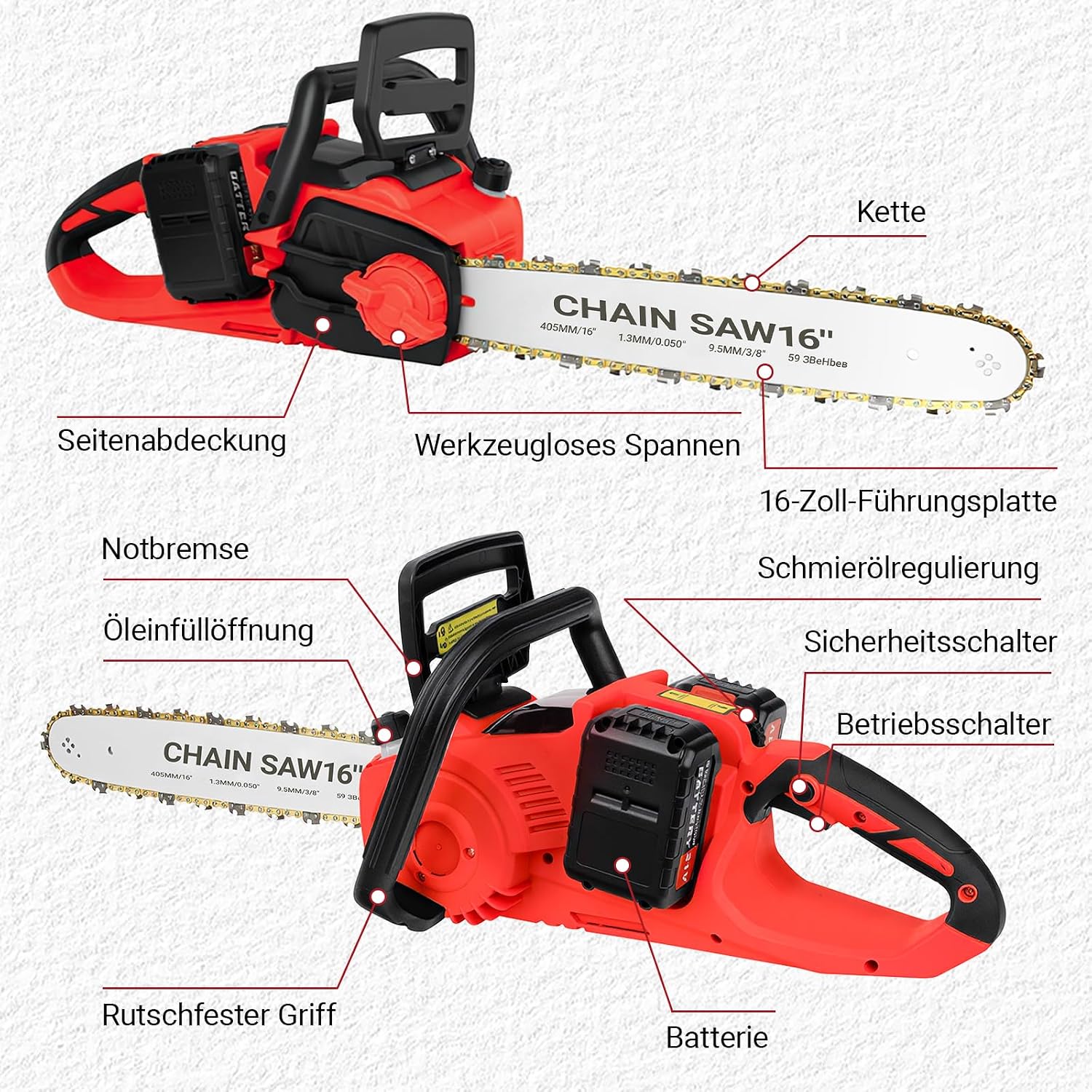 16 Zoll Akku-Kettensäge, Kettensäge mit 4 * 4000 mAh Akku, 2200W Bürstenlose Kettensäges mit automatischer Kettenschmierung und Kettenbremse Zum Fällen 4 16 Zoll Akku-Kettensäge, Kettensäge mit 4 * 4000 mAh Akku, 2200W Bürstenlose Kettensäges mit automatischer Kettenschmierung und Kettenbremse Zum Fällen – Bild 4