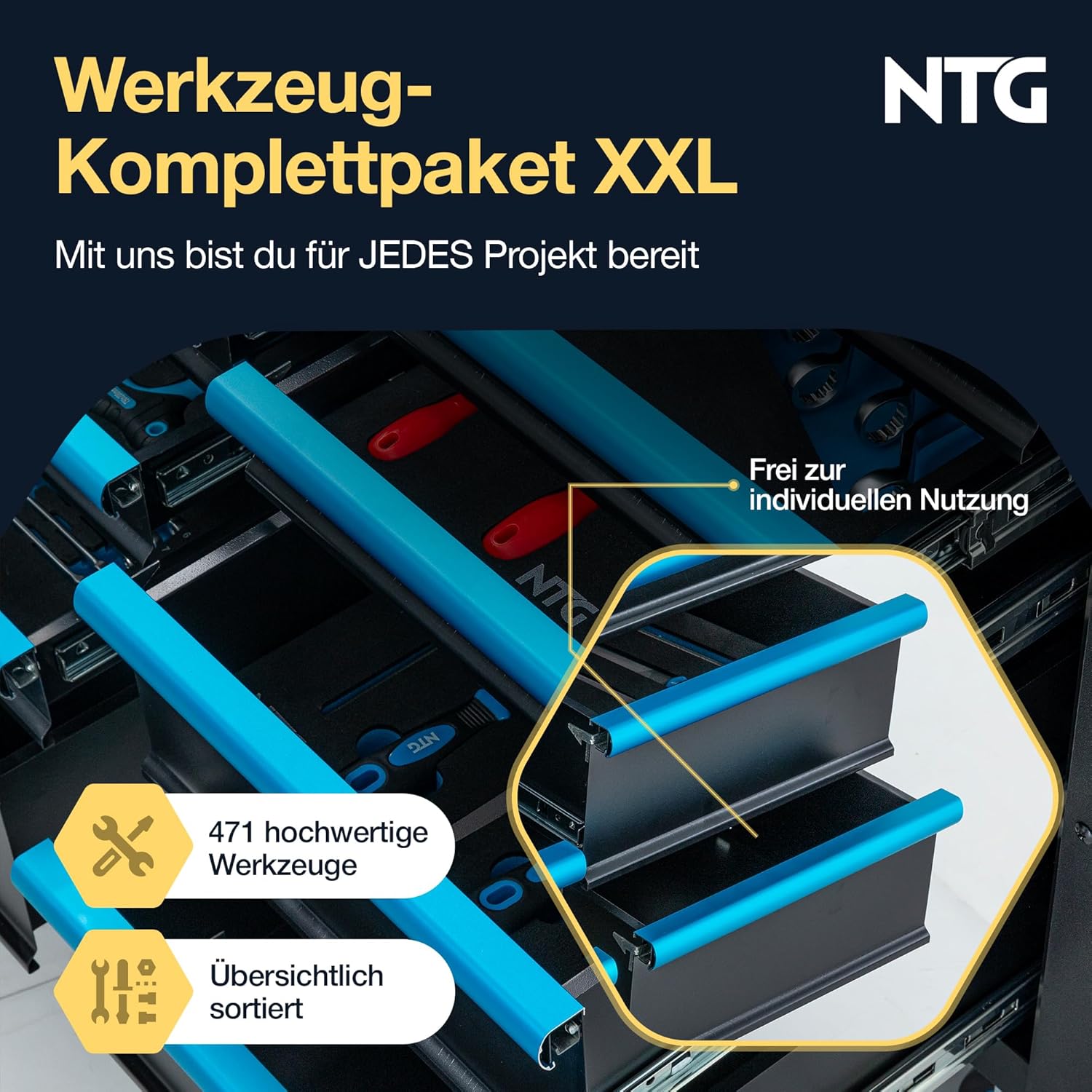 NTG Werkzeugwagen XXL 471-tlg. bestückt - 12 Schubladen Holzarbeitsplatte 2 NTG Werkzeugwagen XXL 471-tlg. bestückt - 12 Schubladen Holzarbeitsplatte – Bild 2