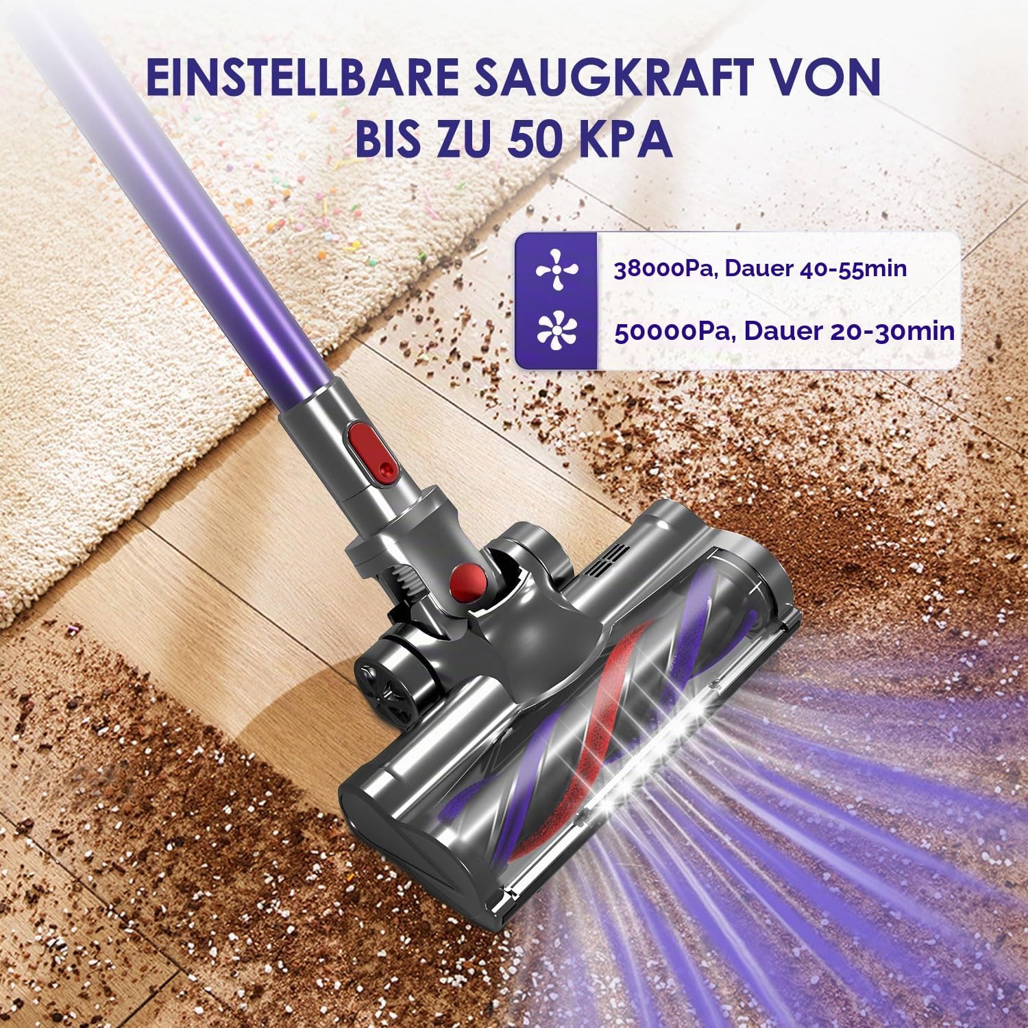 Akku Staubsauger, 50000Pa Staubsauger Kabellos, Kabelloser Staubsauger mit Touchscreen, 50Mins, 1.6L, H13 HEPA, Anti-Tangle-Bürste, für Hartböden/Teppich/Tierhaare 3 Akku Staubsauger, 50000Pa Staubsauger Kabellos, Kabelloser Staubsauger mit Touchscreen, 50Mins, 1.6L, H13 HEPA, Anti-Tangle-Bürste, für Hartböden/Teppich/Tierhaare – Bild 3