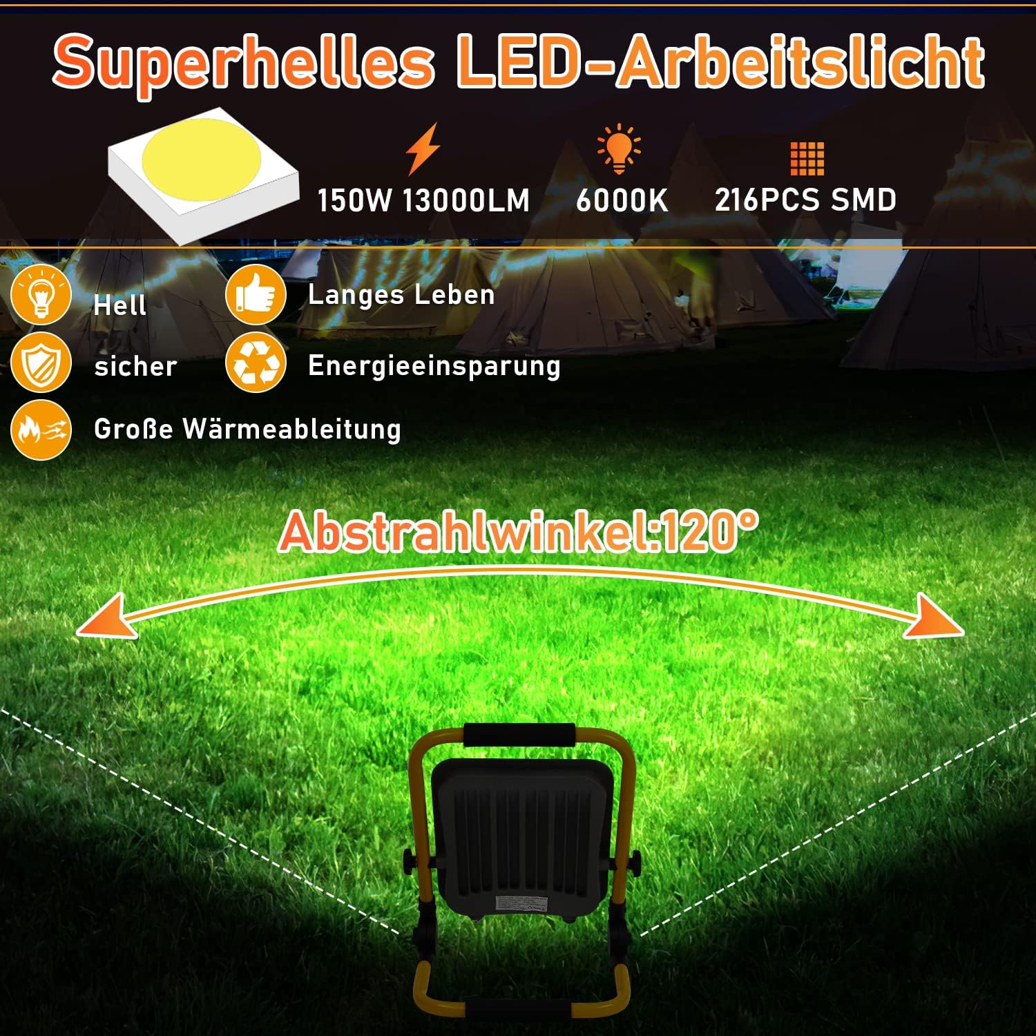 Ikodm LED Baustrahler Arbeitsleuchte, 150W Baustellen Strahler inkl. Faltbarer Standgestell und 3M Netzkabel, Baulampe 13000LM 6000K Kaltweiß IP66 Wasserdicht für Innen Außen (mit Stecker) 5 Ikodm LED Baustrahler Arbeitsleuchte, 150W Baustellen Strahler inkl. Faltbarer Standgestell und 3M Netzkabel, Baulampe 13000LM 6000K Kaltweiß IP66 Wasserdicht für Innen Außen (mit Stecker) – Bild 5