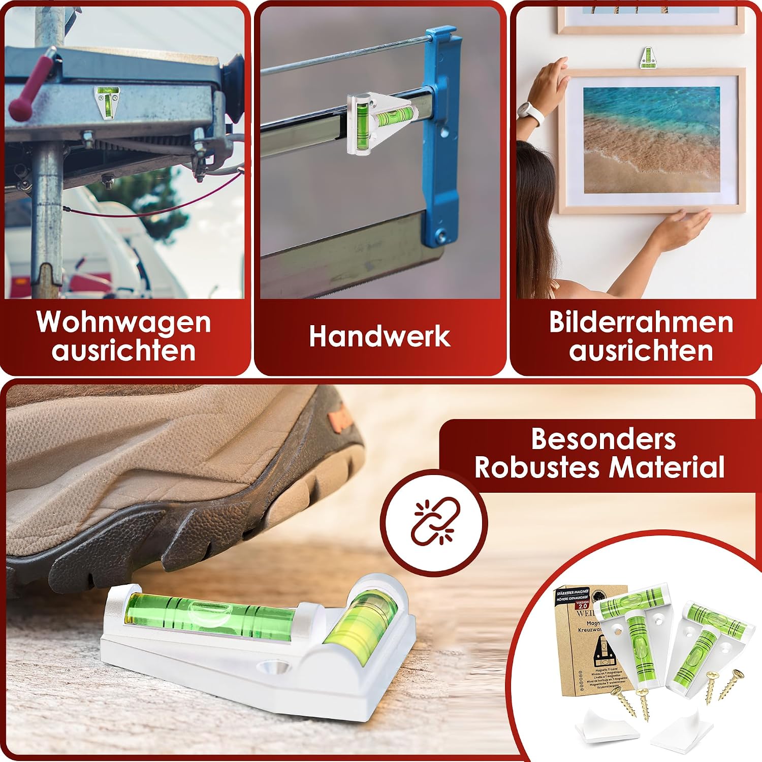 WEIDEBACH® 2x Robuste Wasserwaage klein, Magnetische Mini Wasserwaage weiß, Kleine Wasserwaage bruchsicher, Camping Wasserwaage, Wasserwaage Wohnmobil, Wasserwaage Wohnwagen, Kreuzwasserwaage 4 WEIDEBACH® 2x Robuste Wasserwaage klein, Magnetische Mini Wasserwaage weiß, Kleine Wasserwaage bruchsicher, Camping Wasserwaage, Wasserwaage Wohnmobil, Wasserwaage Wohnwagen, Kreuzwasserwaage – Bild 4
