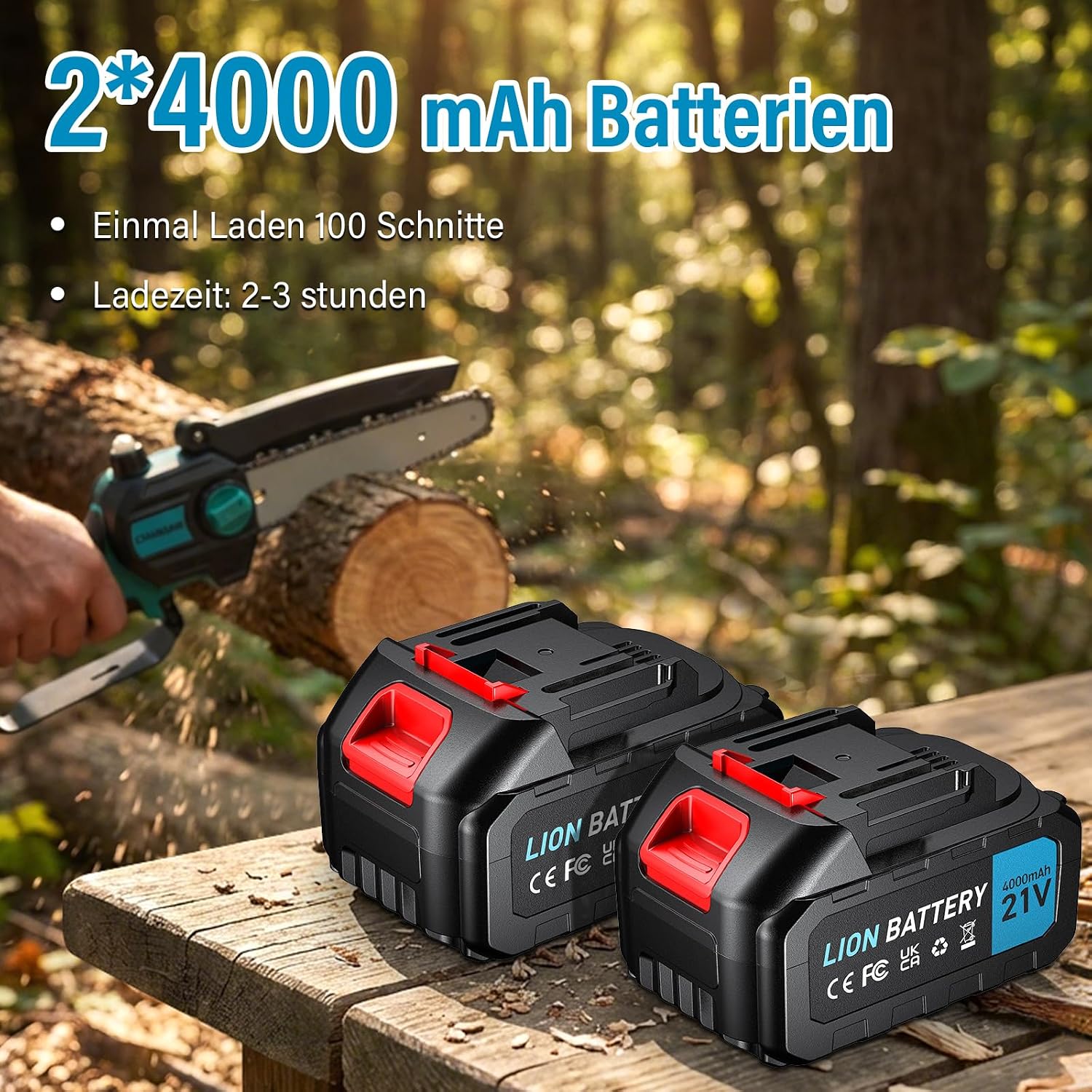 Mini Kettensäge mit Akku 2x4000mAh 6 Zoll, Handkettensäge Akku Bürstenloser Motor, Astsäge Akku mit Automatischer Öler, für Garten Baumschnitt Schere und Schneiden 2 Mini Kettensäge mit Akku 2x4000mAh 6 Zoll, Handkettensäge Akku Bürstenloser Motor, Astsäge Akku mit Automatischer Öler, für Garten Baumschnitt Schere und Schneiden – Bild 2