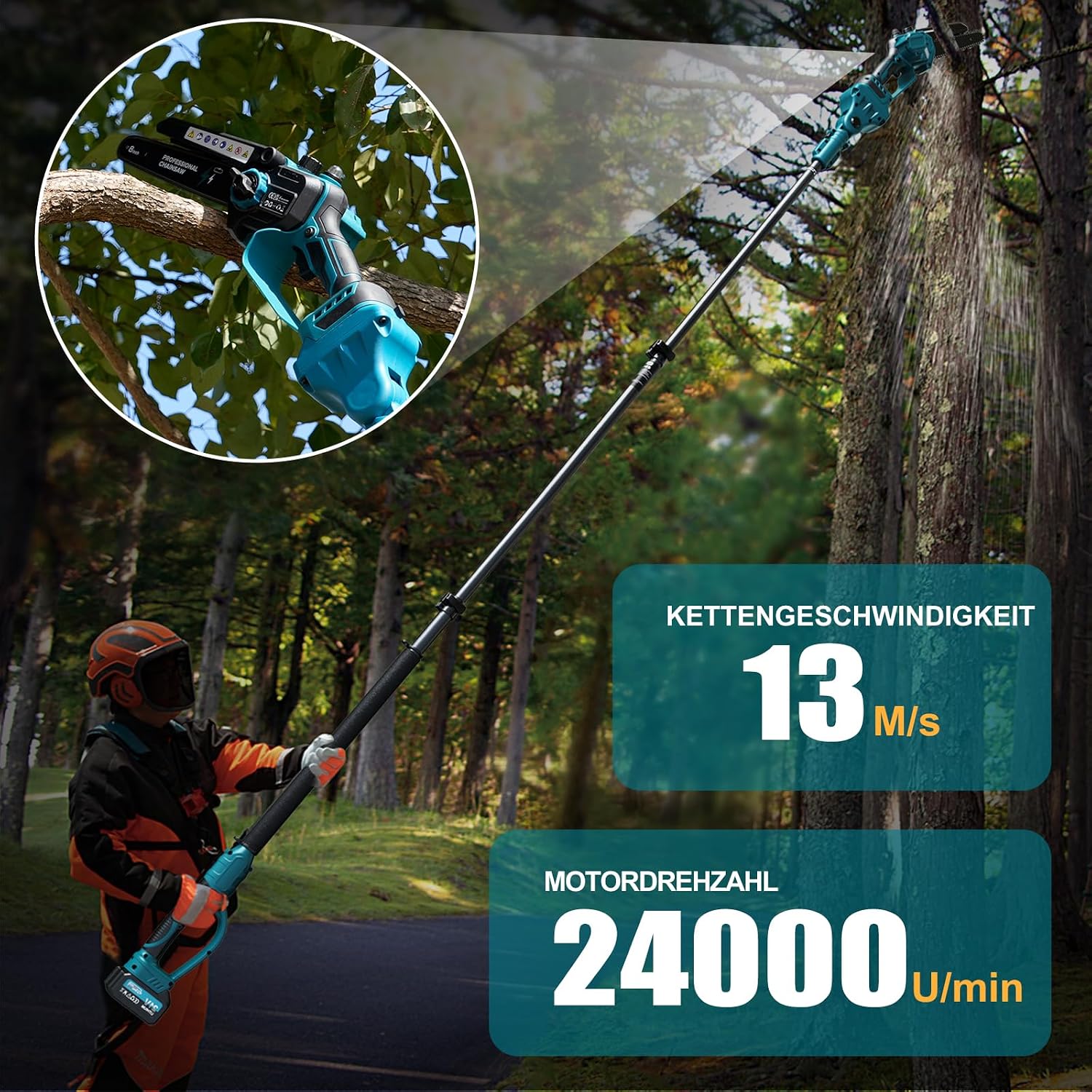 2-in-1 Mini Kettensäge 8 Zoll mit Teleskopstange, 1200W Bürstenlose Teleskop Kettensäge mit 2 Akku, 50ml Öltank, Arbeitsreichweite 4M 4 2-in-1 Mini Kettensäge 8 Zoll mit Teleskopstange, 1200W Bürstenlose Teleskop Kettensäge mit 2 Akku, 50ml Öltank, Arbeitsreichweite 4M – Bild 4