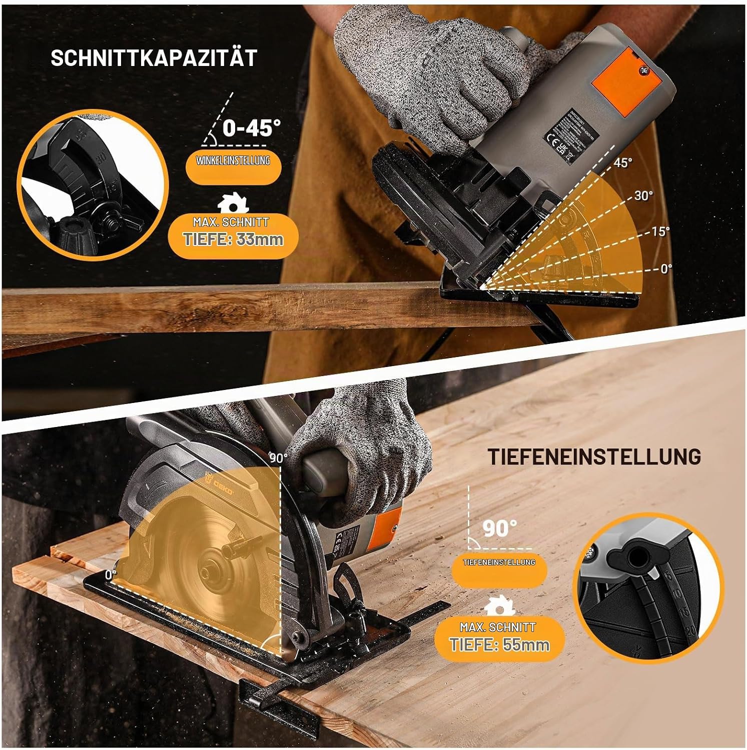 1200W Kreissäge: DEKOPRO Kreissäge mit Führung, 4800 U/min, Sägeblatt Ø165mm (24T), Maximale Schnitttiefe 55mm (90°), 33mm (45°), Inklusive Führung, Ideal zum Schneiden von Holz 2 1200W Kreissäge: DEKOPRO Kreissäge mit Führung, 4800 U/min, Sägeblatt Ø165mm (24T), Maximale Schnitttiefe 55mm (90°), 33mm (45°), Inklusive Führung, Ideal zum Schneiden von Holz – Bild 2