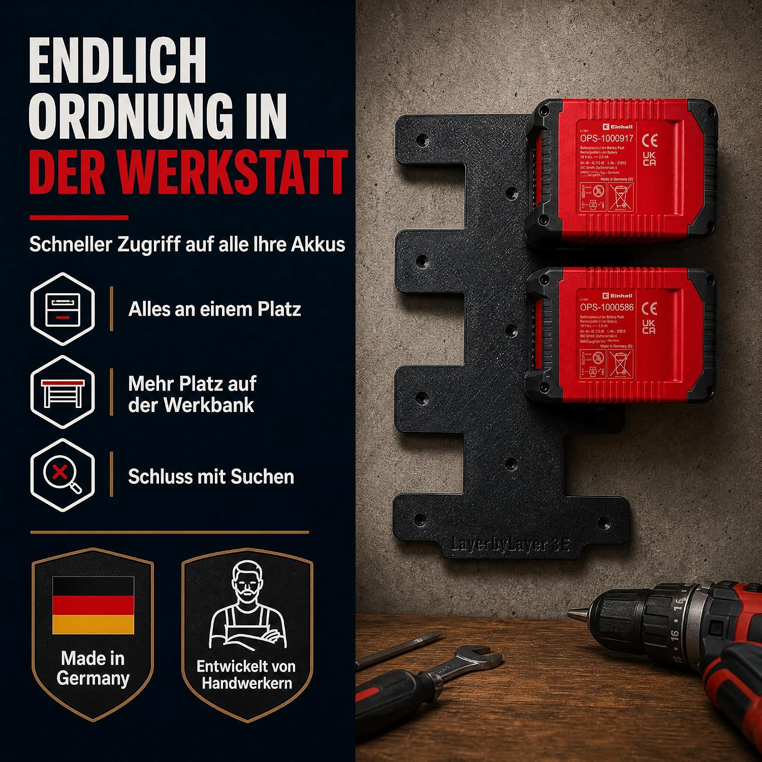Wandhalterung für Einhell Akkus, 6-Fach 18V Akkuhalter 2 Wandhalterung für Einhell Akkus, 6-Fach 18V Akkuhalter – Bild 2