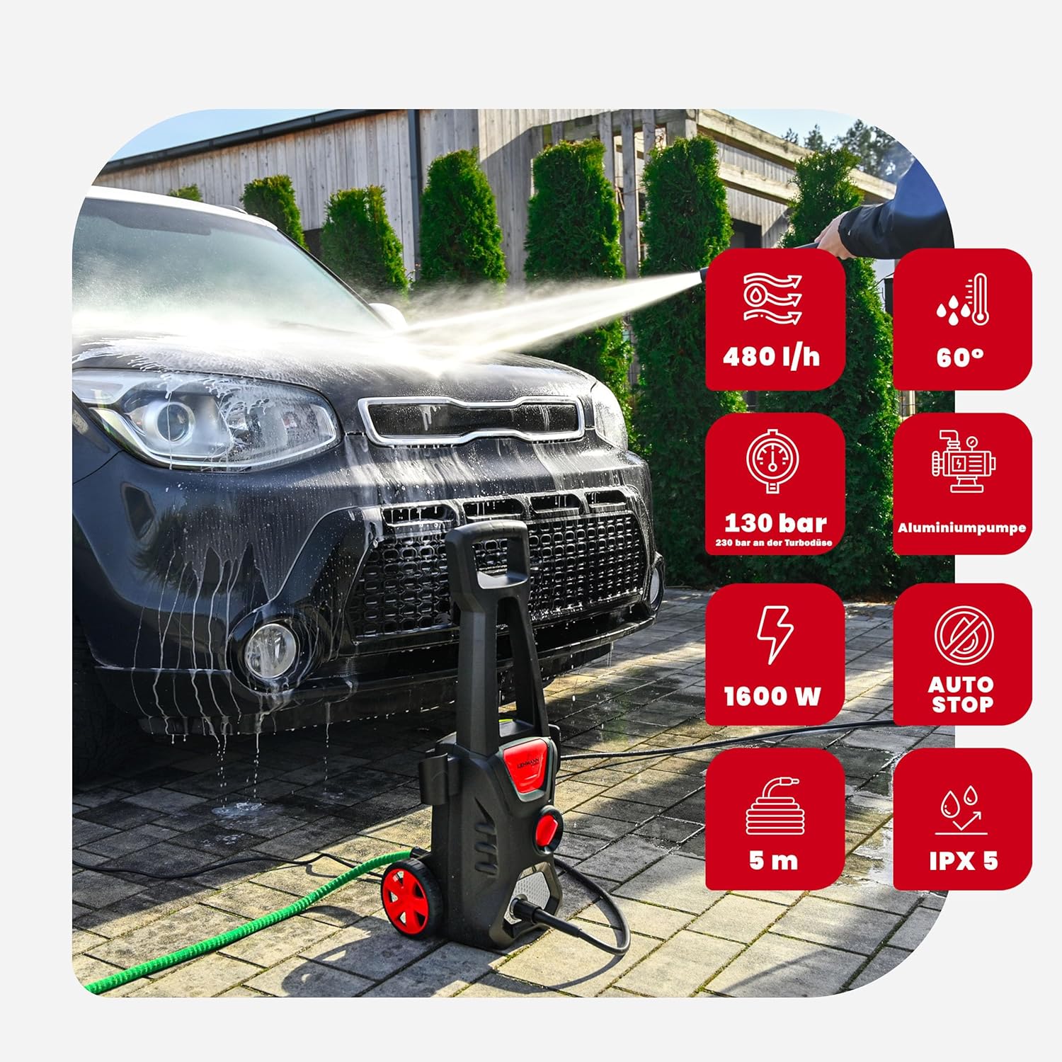 LEHMANN Jukon Hochdruckreiniger, 1600 W, 480 l/h Fördermenge, mit 5m Hochdruckschlauch, Pistole, Lanzen und eine Schaumlanze, Flächenreiniger mit 130 bar Druck für Haus, Garten und Auto 4 LEHMANN Jukon Hochdruckreiniger, 1600 W, 480 l/h Fördermenge, mit 5m Hochdruckschlauch, Pistole, Lanzen und eine Schaumlanze, Flächenreiniger mit 130 bar Druck für Haus, Garten und Auto – Bild 4