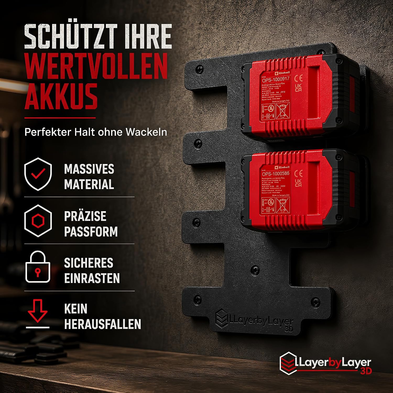 Wandhalterung für Einhell Akkus, 6-Fach 18V Akkuhalter 3 Wandhalterung für Einhell Akkus, 6-Fach 18V Akkuhalter – Bild 3
