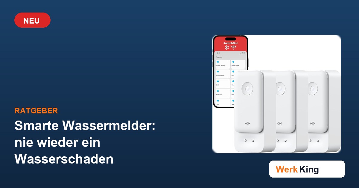 Drei SwitchBot Wassermelder mit App auf dunkelblauem Hintergrund